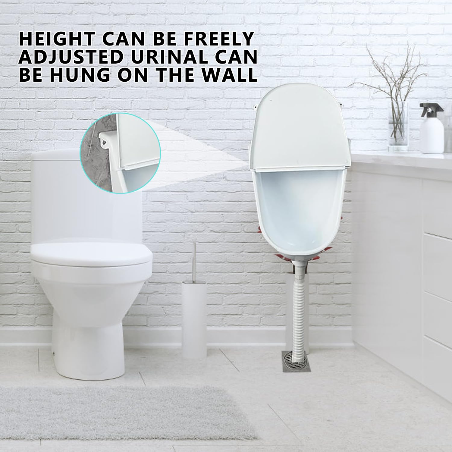 Urinoir kunststof pissoir met slang, urinaalzeef en accessoires, toiletset voor heren, staande wc-set, urinaalbak, kunststof wandpisuar voor tuin, toilet, huis, camping, bouwplaats, wit, pvc