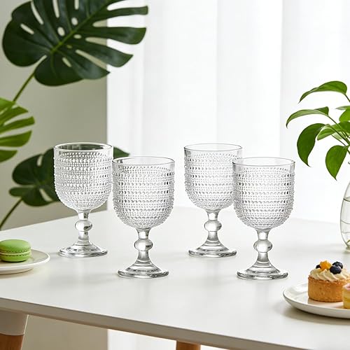 Miniatura 3 de 12 onzas Vasos de vino vintage transparentes, juego de 4 vasos de vino con nudos, vasos de vino en relieve para boda, fiesta, cena, bar