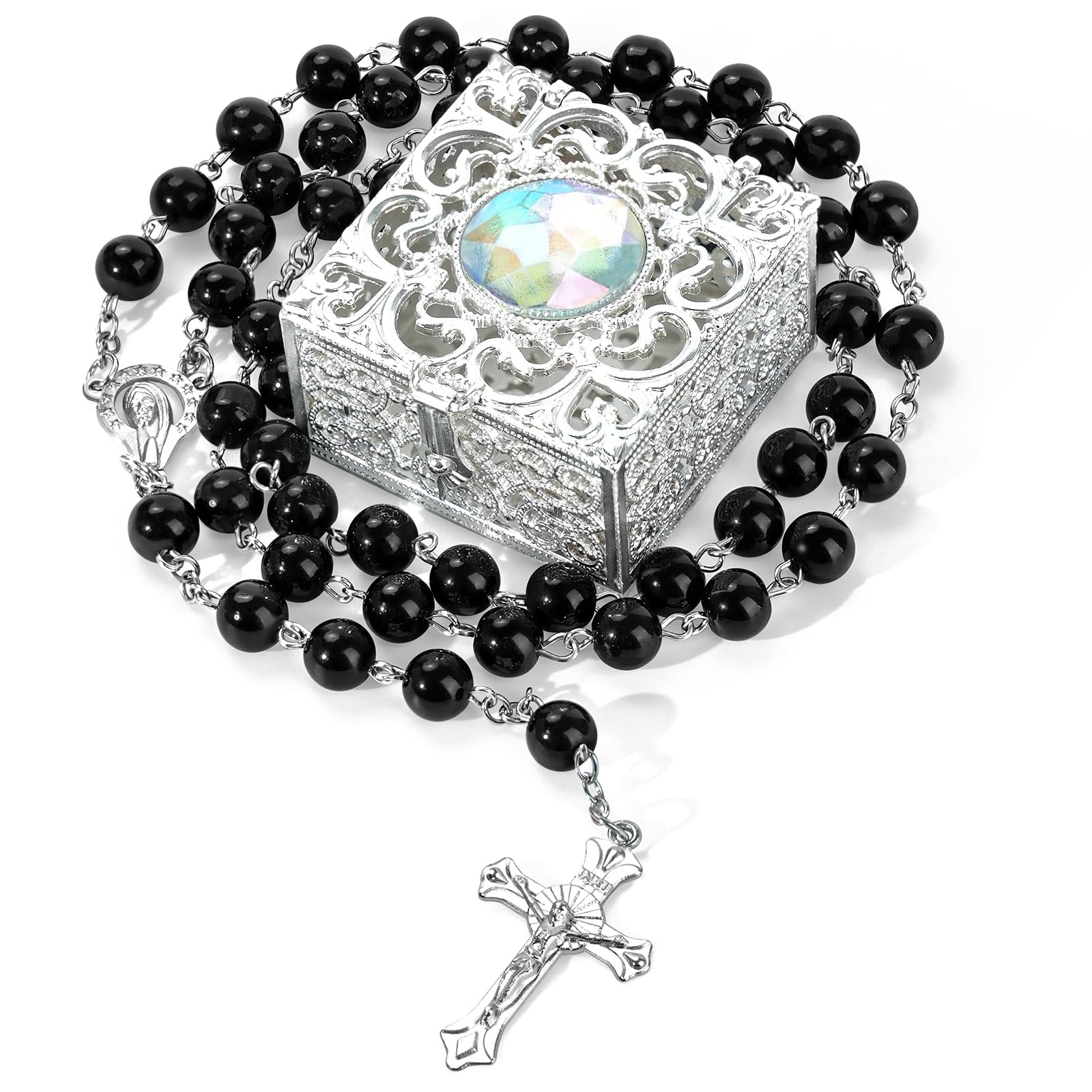 NCPLYGOU 8mm Rosary Beads Necklace, Rosary Beads Catholic for Men and Women Comes in a Metal Gift Box, First Communion Rosary Necklace as Gifts(Black)