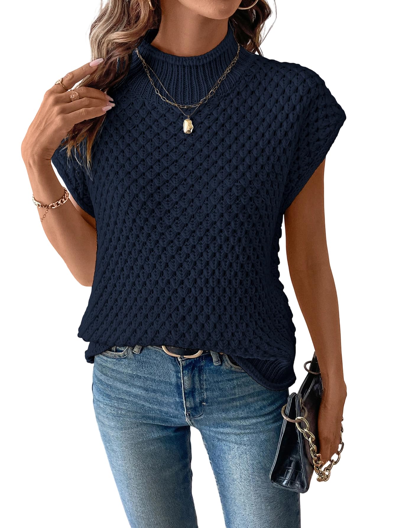 SHENHE Womens Turtleneck Sweaters Vest Cap Sleeve Crochet Knit Chunky Short Sleeve Sweater Fall Pullover Top