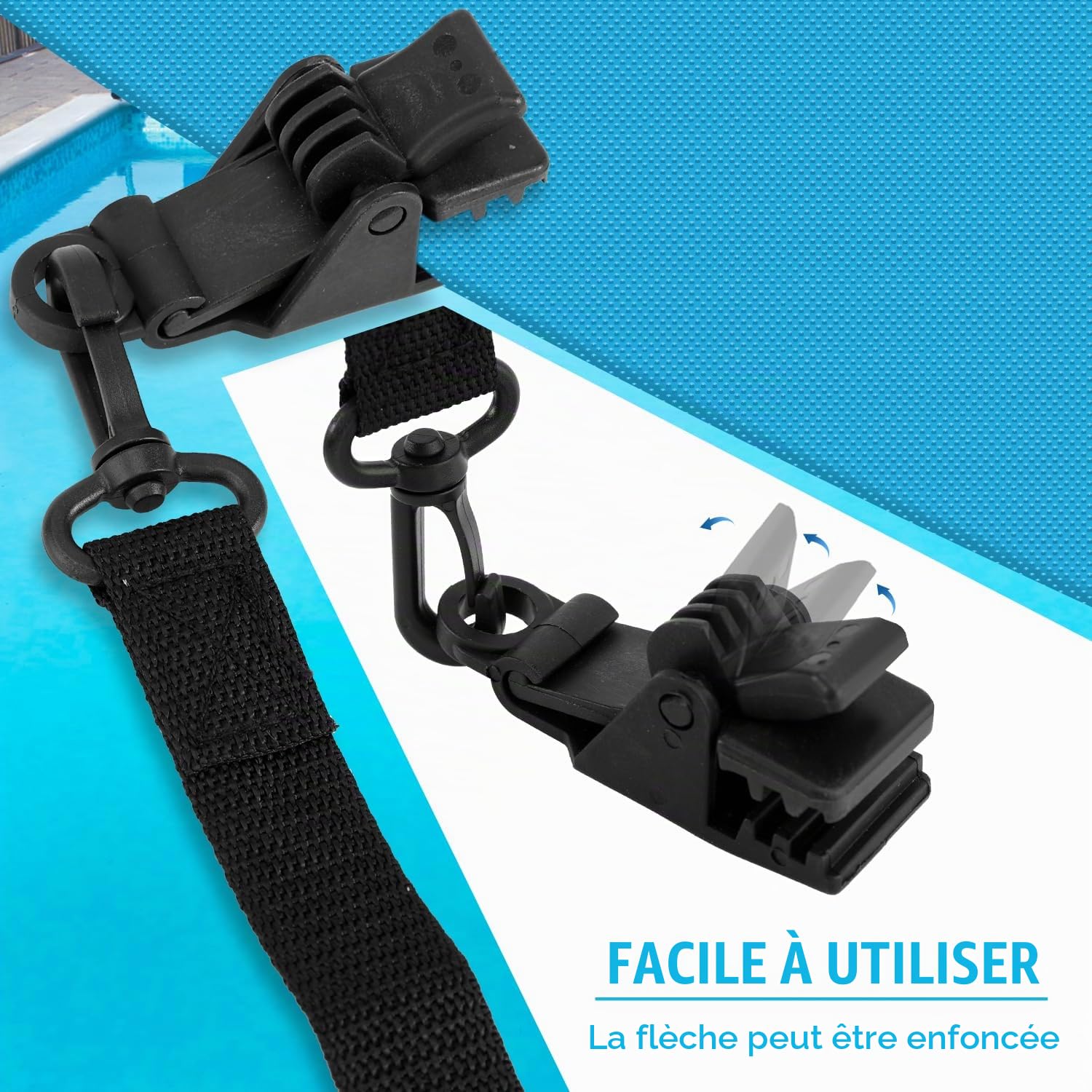 Lyreh 24pcs Kit Fixation pour Enrouleur de Couverture Solaire de Piscine, Comprenant 8 Sangles Couverture Solaire avec Crochets et 8pcs Clips et 8 Attaches Tactiles Accessoires Piscine Creusée