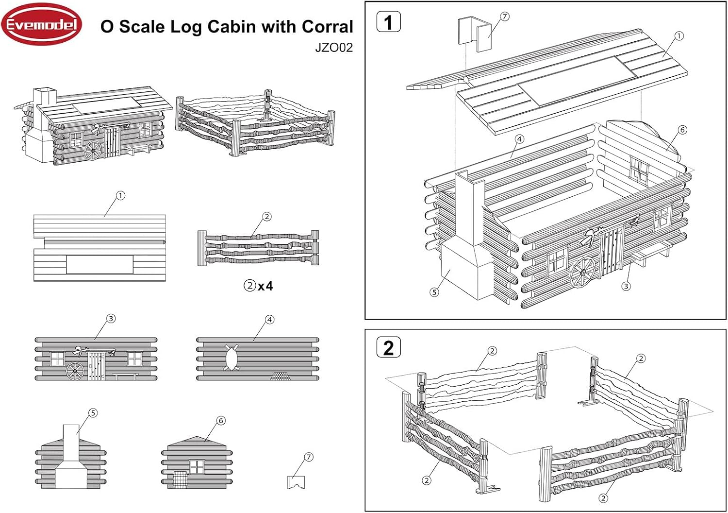 Evemodel O Scale Log Cabin with Corral Unpainted Model Old Country Barn Stable Fence Kit Unassembled for Model Trains Layout Village JZO02JJ