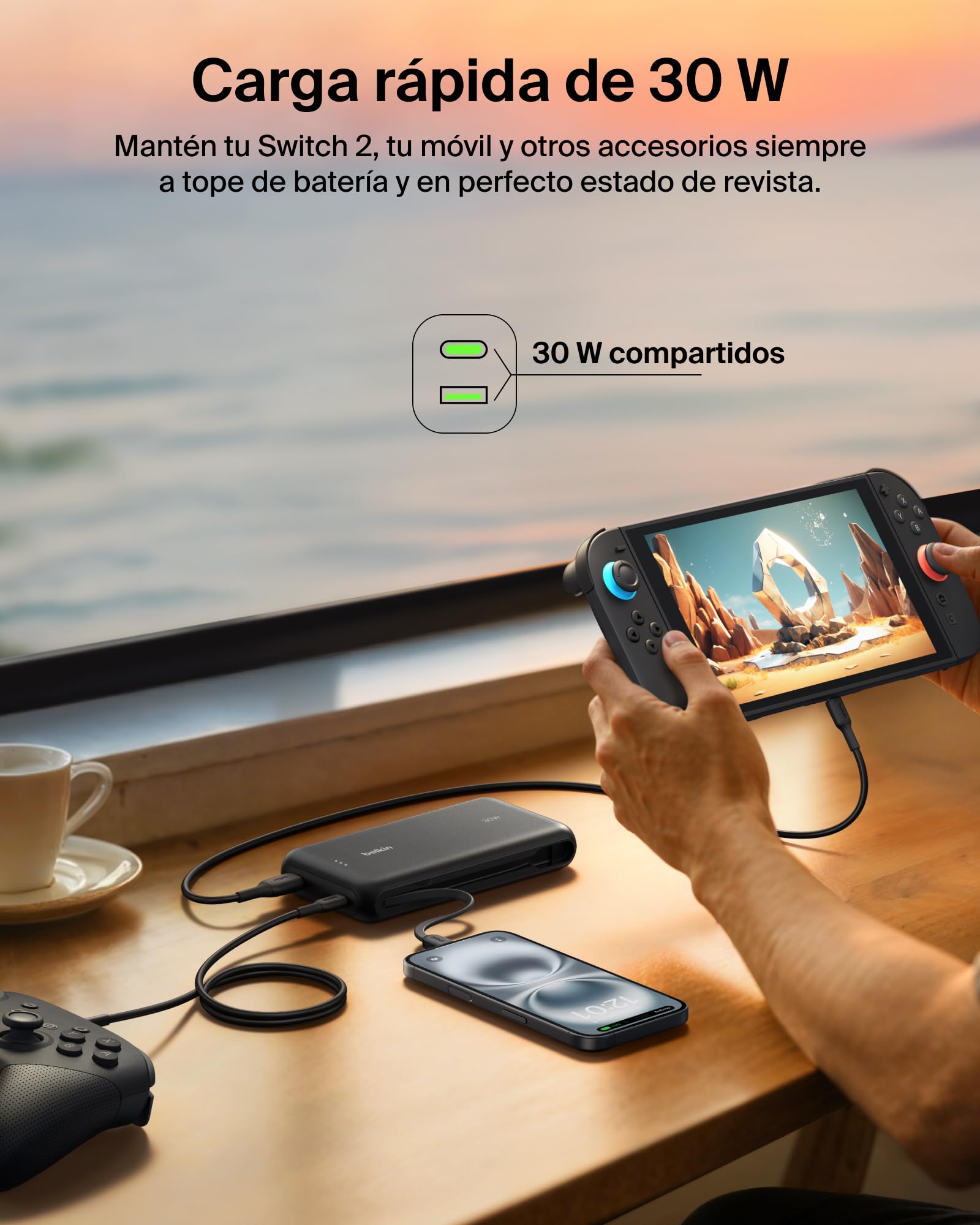 Belkin Gaming batería Externa de 30 W con Cable USB-C Integrado y 20000mAh de Capacidad, Carga rápida USB-C PD, Cargador portátil para Nintendo Switch 2, iPhone 16, iPad Pro y Galaxy S25, Negro