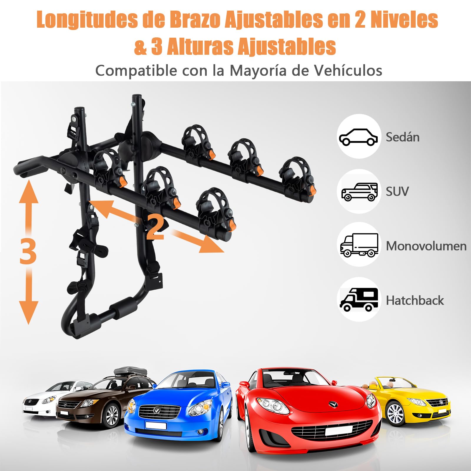 COSTWAY Portabicicletas para Maletero de 3 Bicicletas, Portabicicletas Plegable con Longitud, Altura y Ángulo Ajustables, Estante de Bicicleta Compatible con Sedán Hatchbacks Minivans SUV