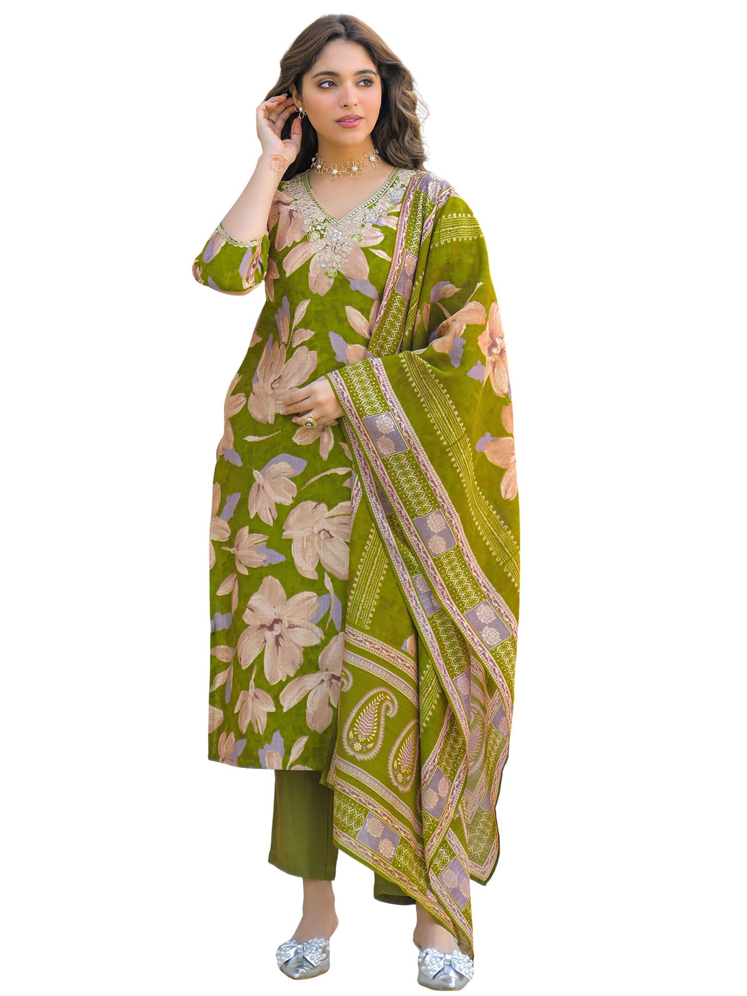 Women's Green Viscose Embroidered Straight Floral Kurta Trousers With Dupatta Set | Daily Straight Kurta Set For Women | Floral Salwar Suit For Women-image-31