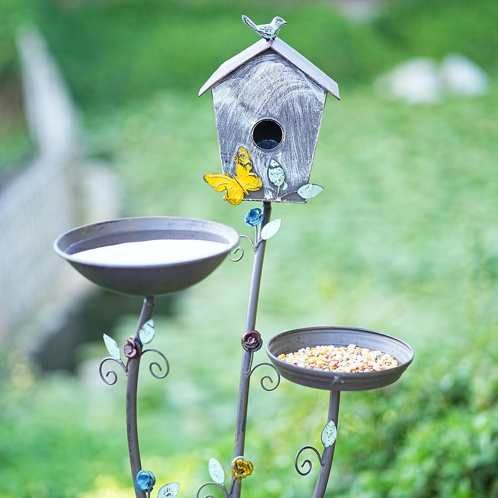 Baños para pájaros para exteriores, cuenco de baño mejorado para pájaros, casa de pájaros y bandejas de comedero de pájaros, diseño 3 en 1, baño de metal para decoración de jardín y patio