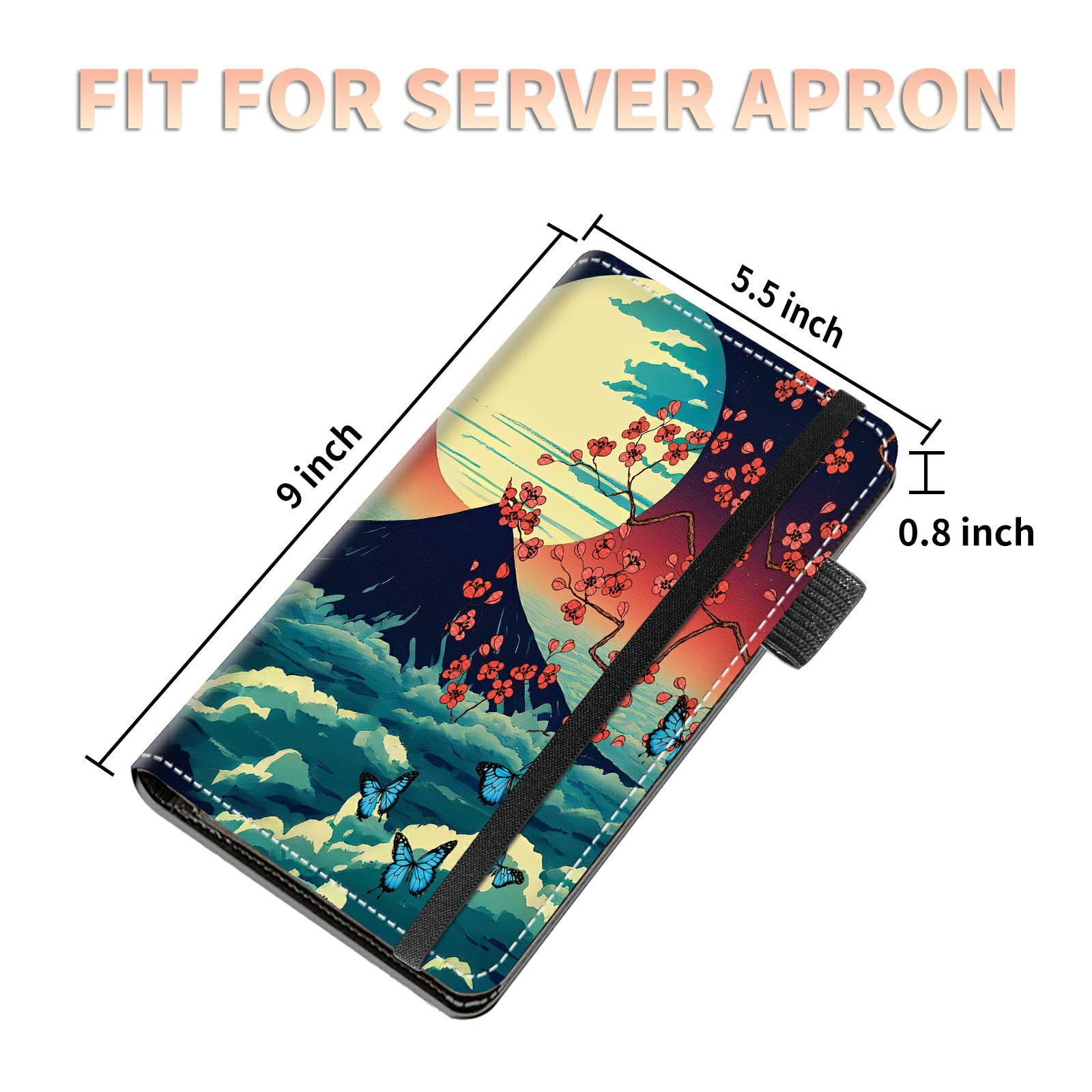 High Volume Server Books, Mount Fuji Sakura Butterfly Server Book w/ 2 Expandable Pockets 9 x 5 Cute Waitress Book Zipper Pocket & Strap Closure Waitstaff Organizer Server Booklet Waiter Money Wallet