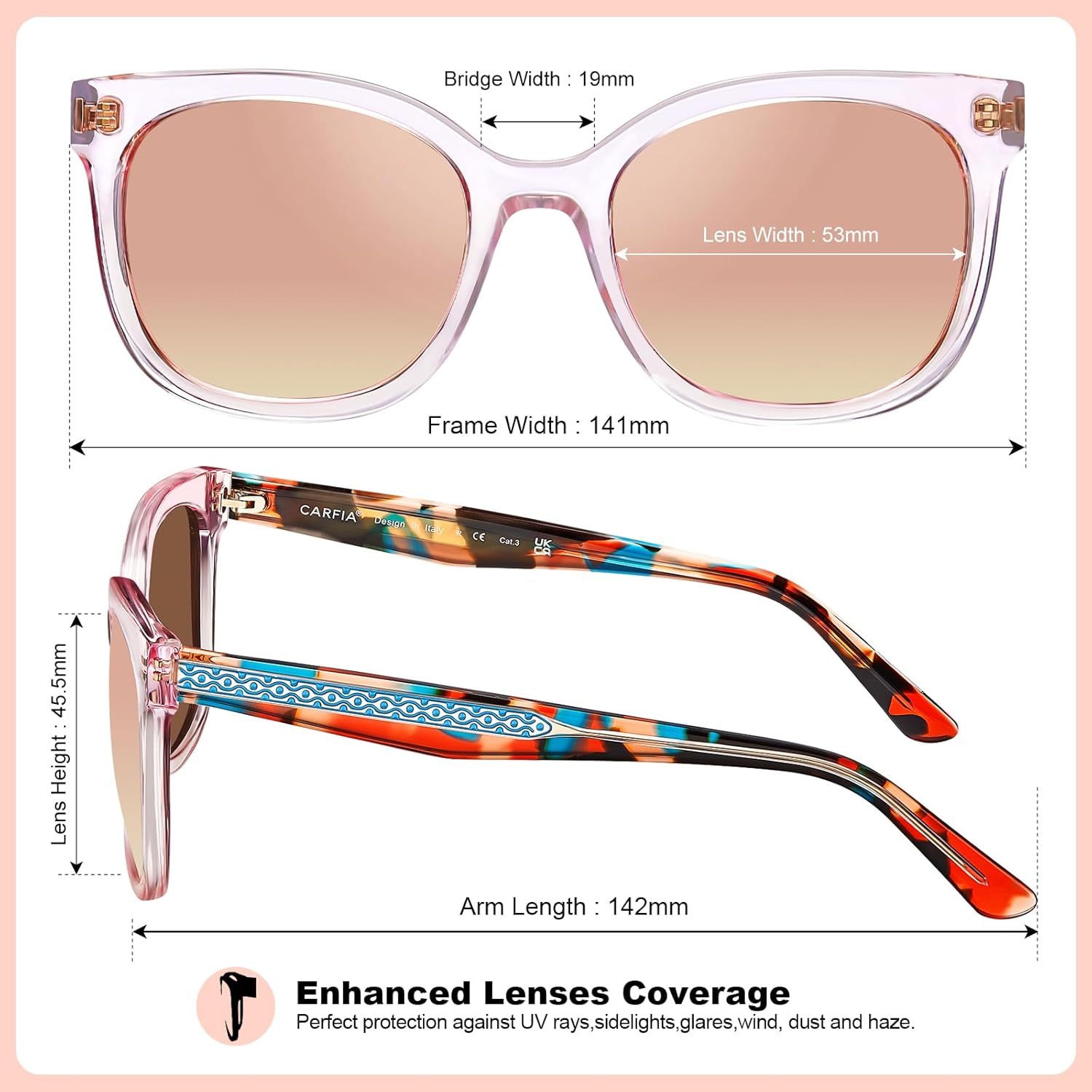 CARFIA Cat Eye Acetate Polarized Sunglasses for Women UV Protection, Retro Ladies Eyewears with Embossed Pattern Wire Core - Image 6