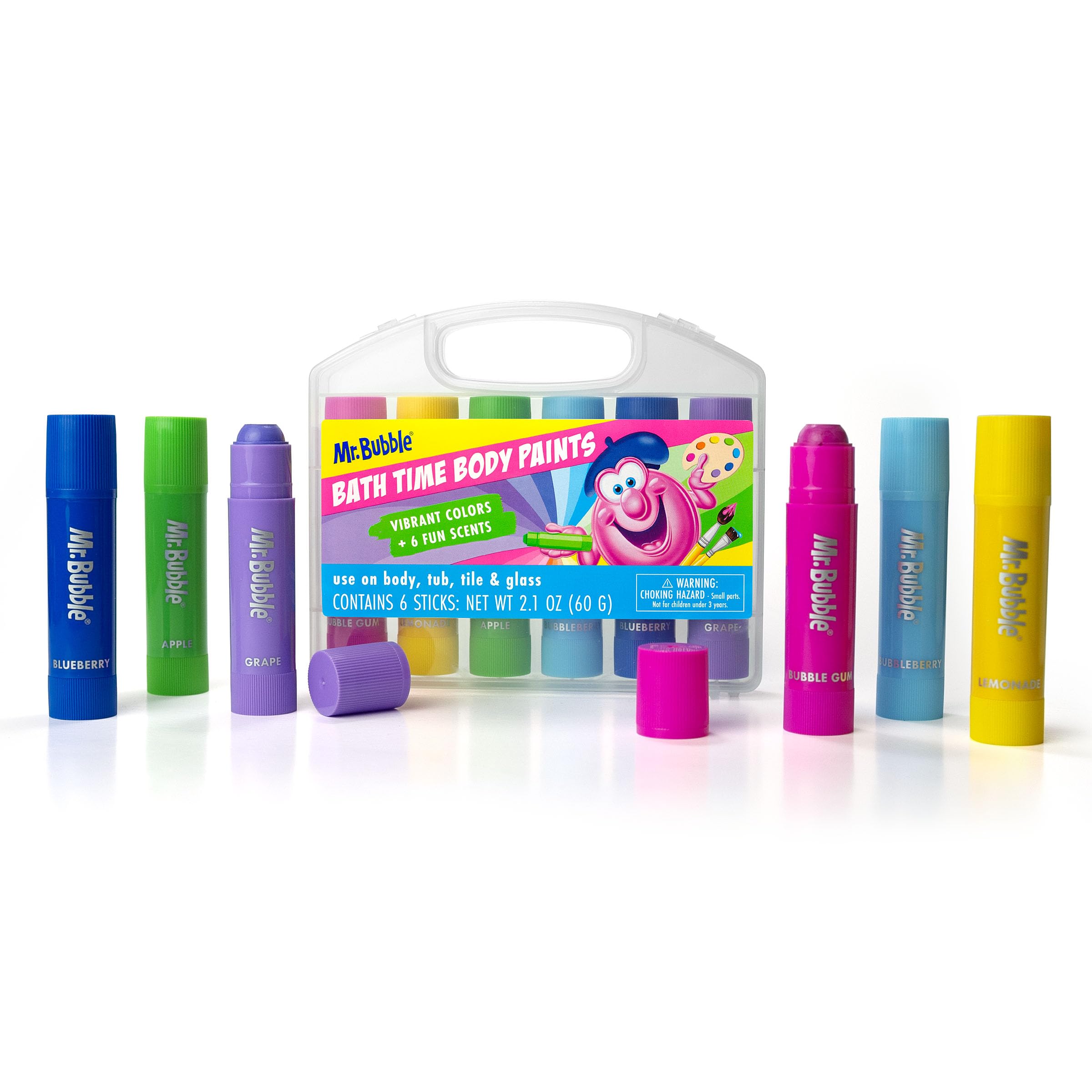 Mr. Bubble Bath Time Body Paints – 6-Color Washable Bath Paint Sticks with Gentle, Kid-Safe Formula – Fun Tub Time Art Set with Scented Colors & Carrying Case