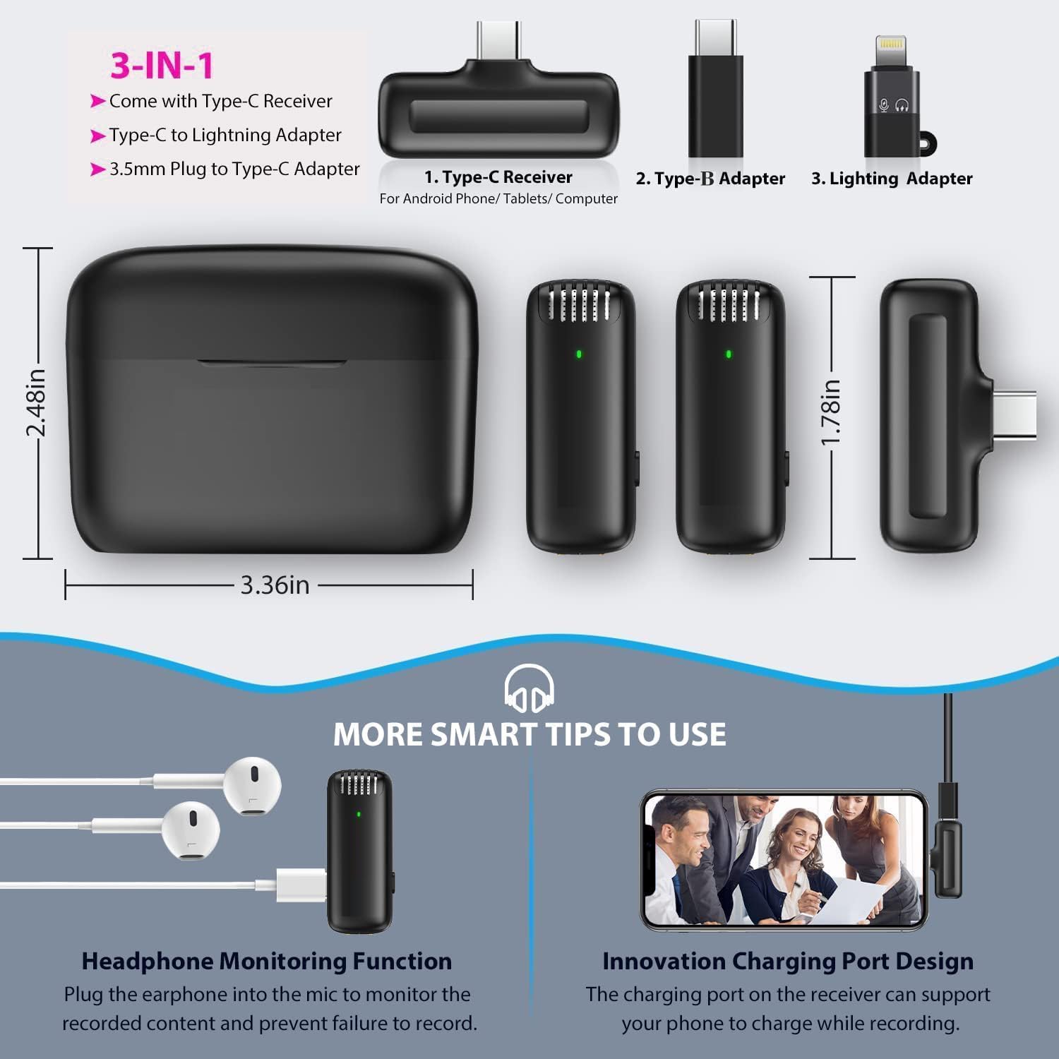 SKYCELL Microfono wireless J13, risvolto con riduzione del rumore con custodia di ricarica, wireless a doppio canale per YouTube, registrazione video, Facebook, compatibile con Type-C e iPhone