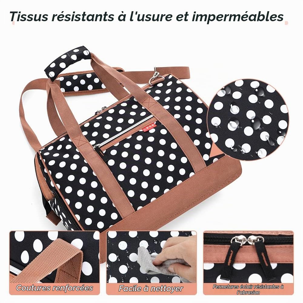 Lekesky Sac de nuit pour femme, sac fourre-tout, sac d'hôpital de maternité avec grande ouverture sur le dessus, sac de voyage pour femme, rayures bleues, Pois blancs., 33L