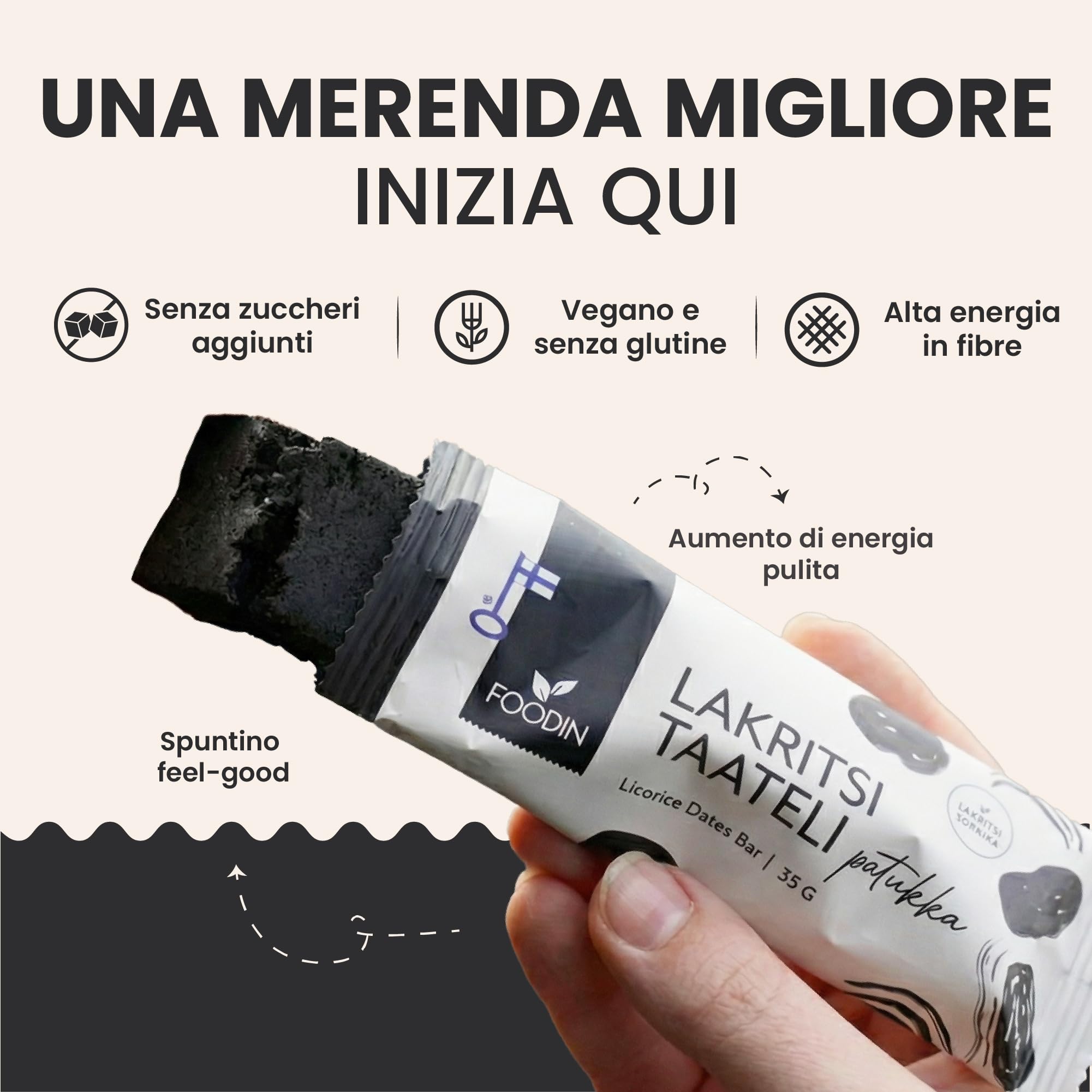 FOODIN Barretta Datteri alla Liquirizia – Snack Vegano Senza Zuccheri Aggiunti, Senza Glutine, Naturale e Ricca di Fibre (18 x 35 g)