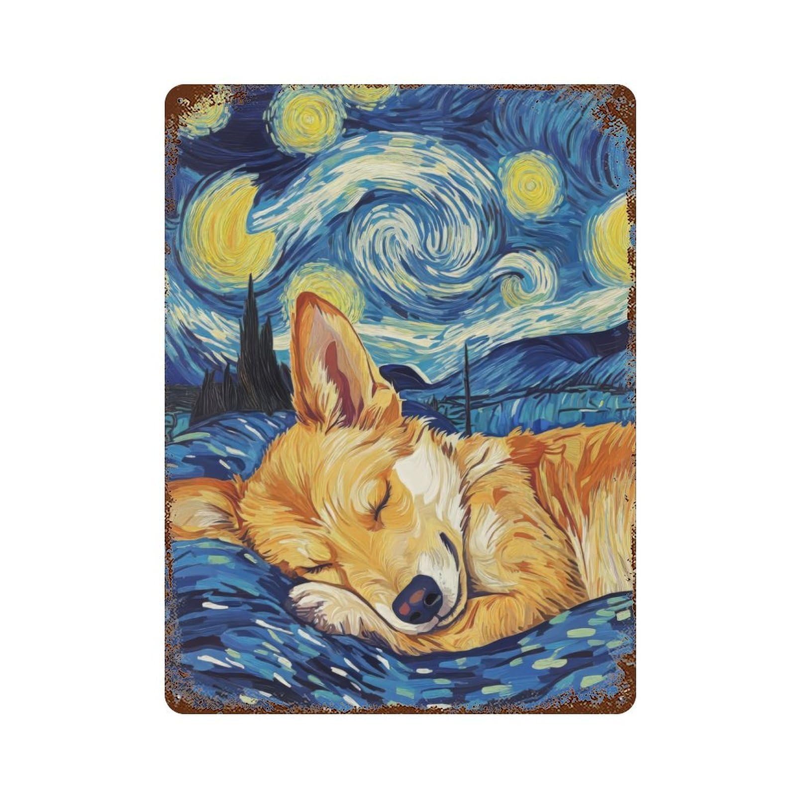 Rust Effect Corgi in Starry Night Weathered Tin Sign 15.7"x11.8", Novelty Wall Decor for Office, Studio And Wall Decor