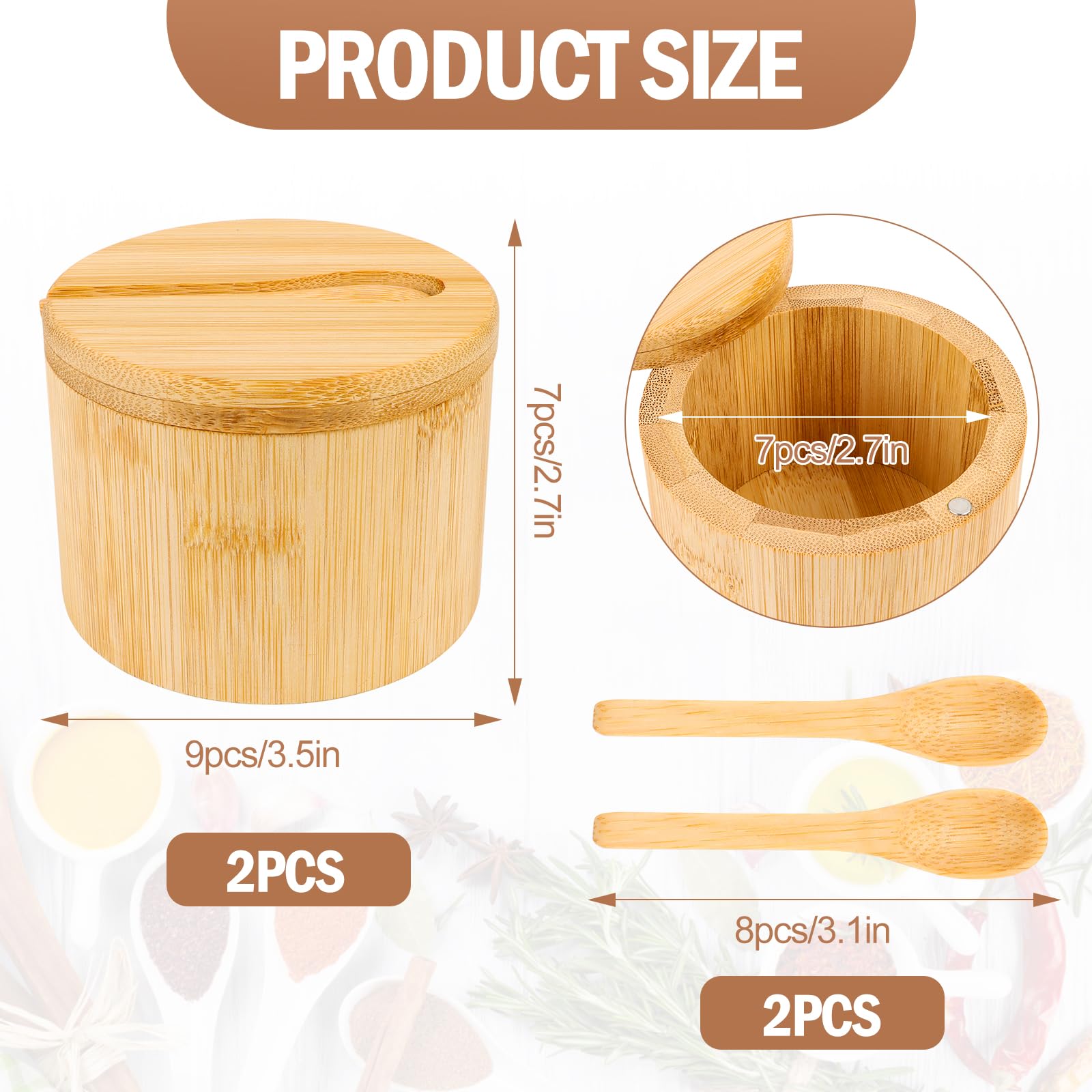 Lot de 2 boîtes à sel en bambou de 6 oz avec couvercle pivotant magnétique et cuillère, boîte de rangement ronde pour le stockage du sel, du poivre, des épices et des herbes