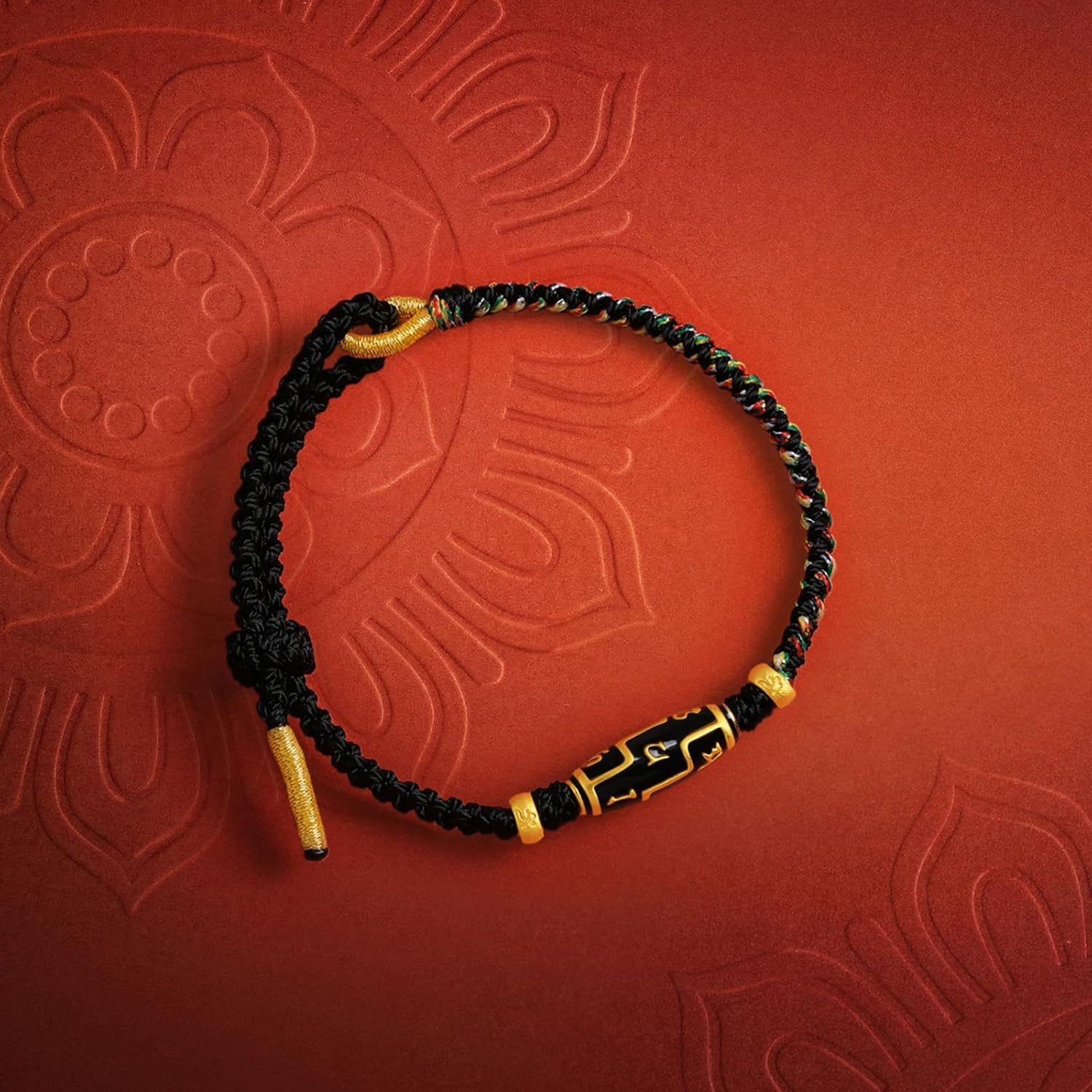 24K Solid Gold Bracelets Buddhist Sanskrit Oval Charms Black Enamel Gold Braided Bracelet Blessing Jewelry for Women Men Friend Birthday Chain Length 8.66"/22cm A1715288