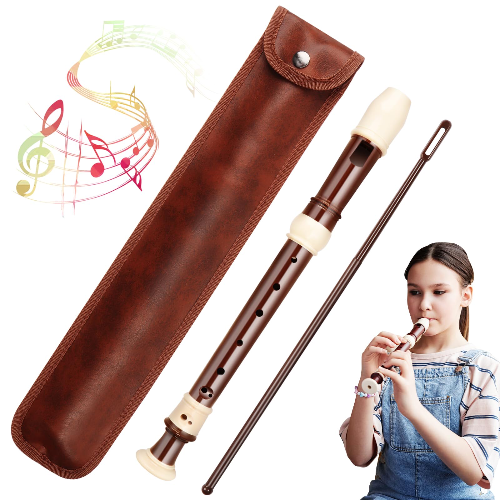 Wooden Recorder 8 Holes German Fingering Soprano Recorder Adults Children Learning Recorder for Beginners with Leather Protect Storage Bag Made of Wood
