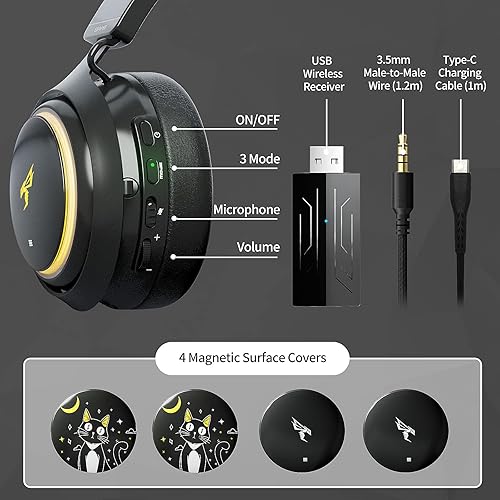 Miniatura 7 de SOMIC GS510Pro Cat - Auriculares inalámbricos para juegos de 2.4 GBluetooth con luz RGB, bonitos auriculares con micrófono retráctil, 8 horas de