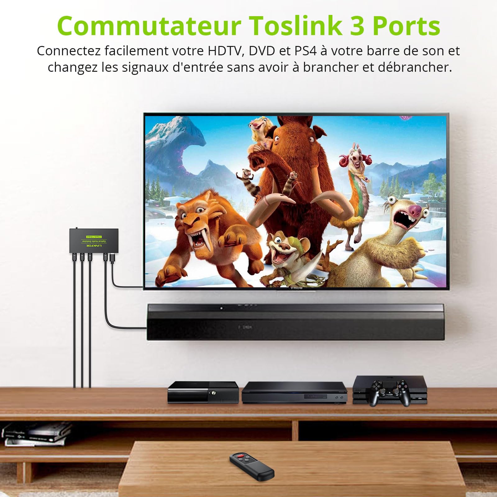 LiNKFOR 4Ports SPDIF Switch Box Toslink 4x1 Sélecteur d'Audio Optique Numérique Commutateur 4 en 1 sur Hub Optique avec Télécommande Support PCM2.0 DTS Dolby-AC3 Compatible avec PS3 PS4 Xbox HDTV