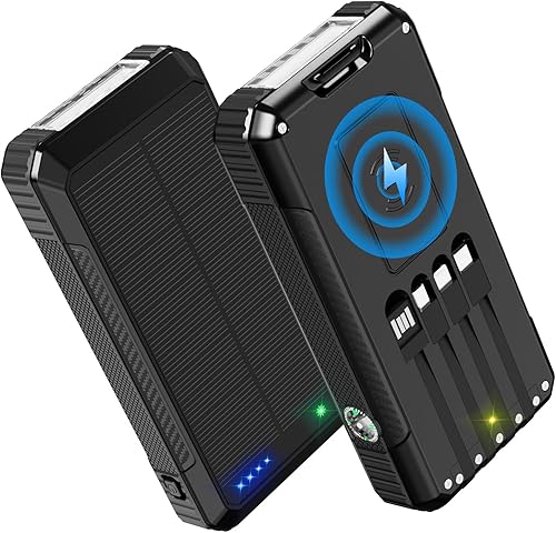 Cargador solar de 49800 mAh, carga inalámbrica para teléfono portátil, 4 cables incorporados, carga rápida de 22.5 W, puerto de entradasalida tipo