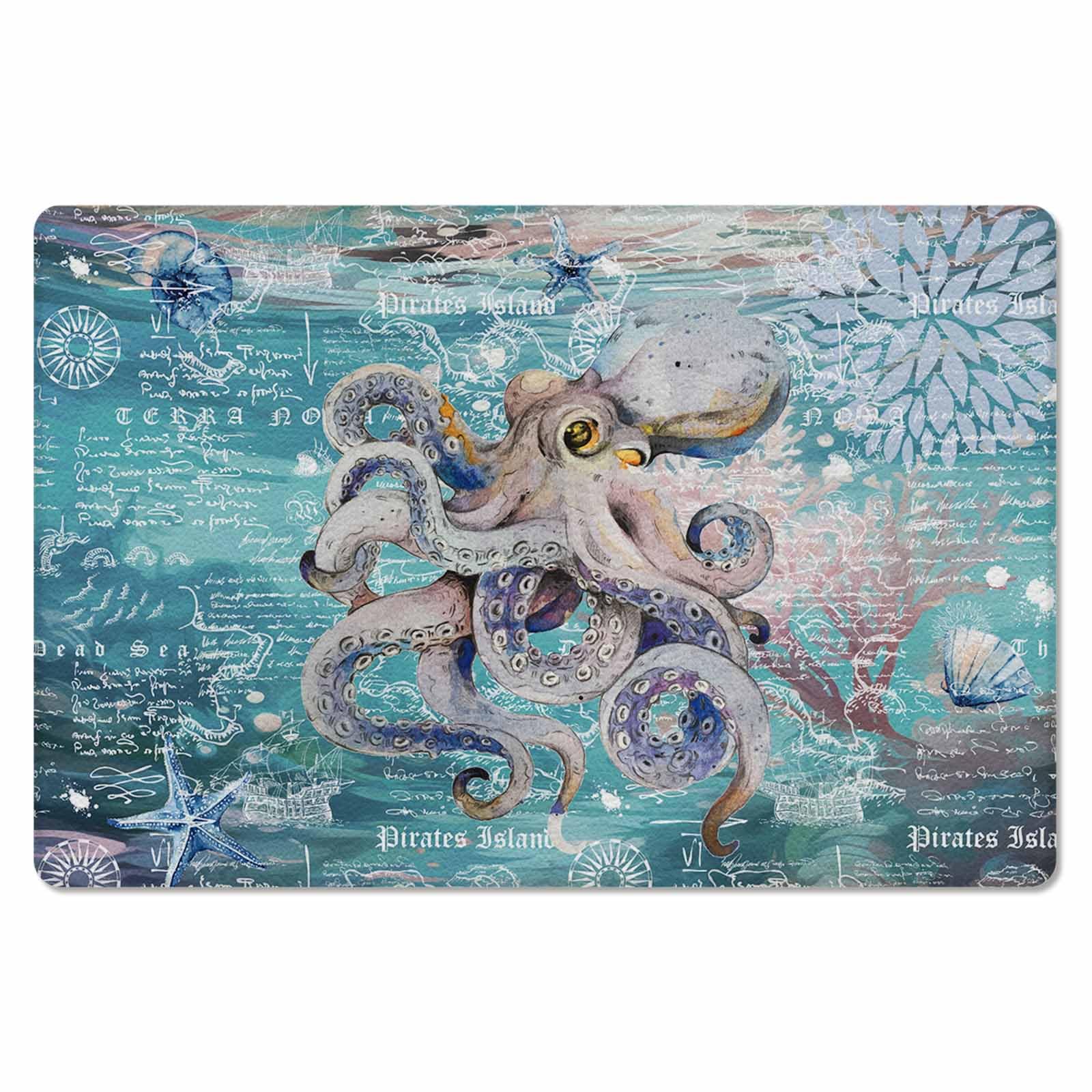 Coastal Octopus Antifatigue Kitchen Bath Door Mat Cushioned Runner Rug,Washable Welcome Floor Sink Mat,Waterproof Non-Slip Kitchen Standing Doormat,Nautical Maps Ocean Sea Starfish Retro Green 18