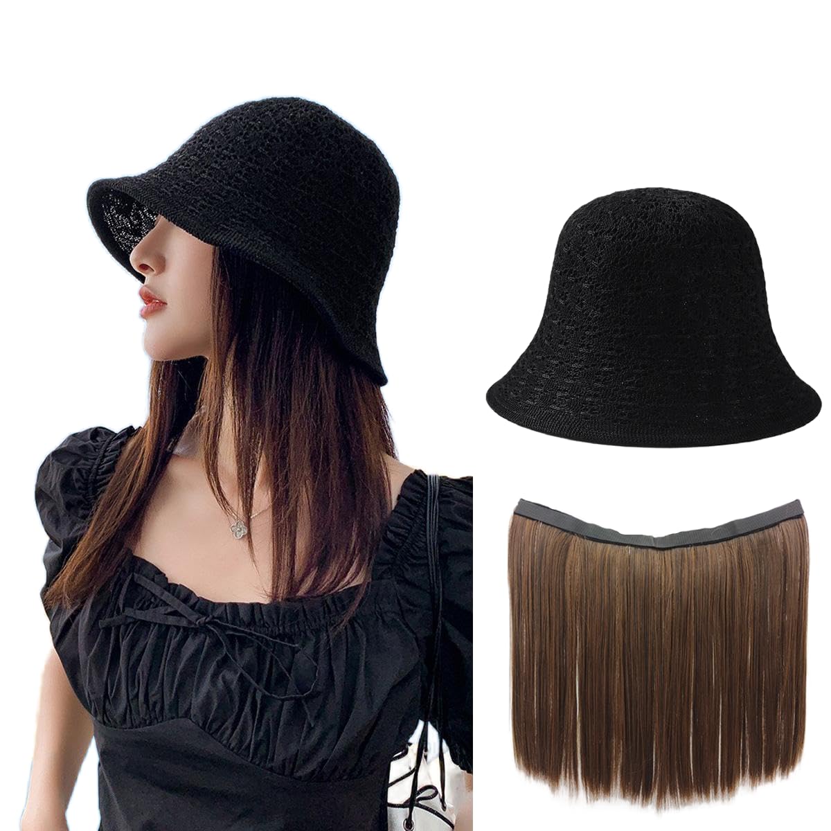 NOOFNO Hat Wig,Hat with Hair Attached for Women, Popular Bucket with Fake Wig,Long Straight Hair Extensions,for Spring/Summer