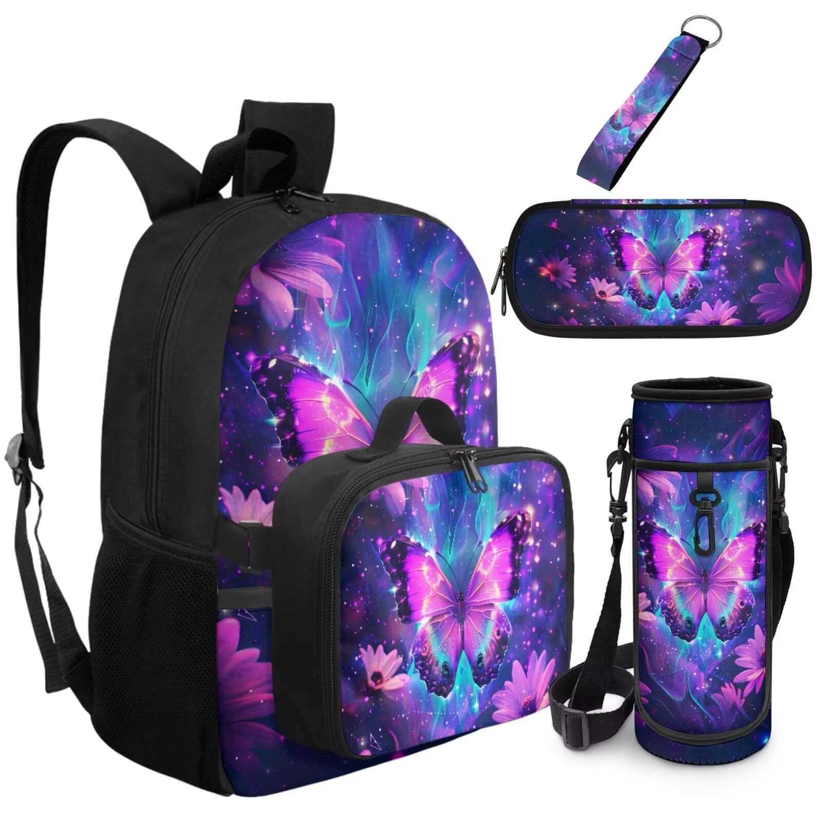 COEQINE Mochila escolar para niños, juego de mochila escolar con fiambrera, estuche para lápices, llavero, bolsa de libros para niñas de 4 a 12 años, Mariposa púrpura galaxia nebulosa, M, Diseñador