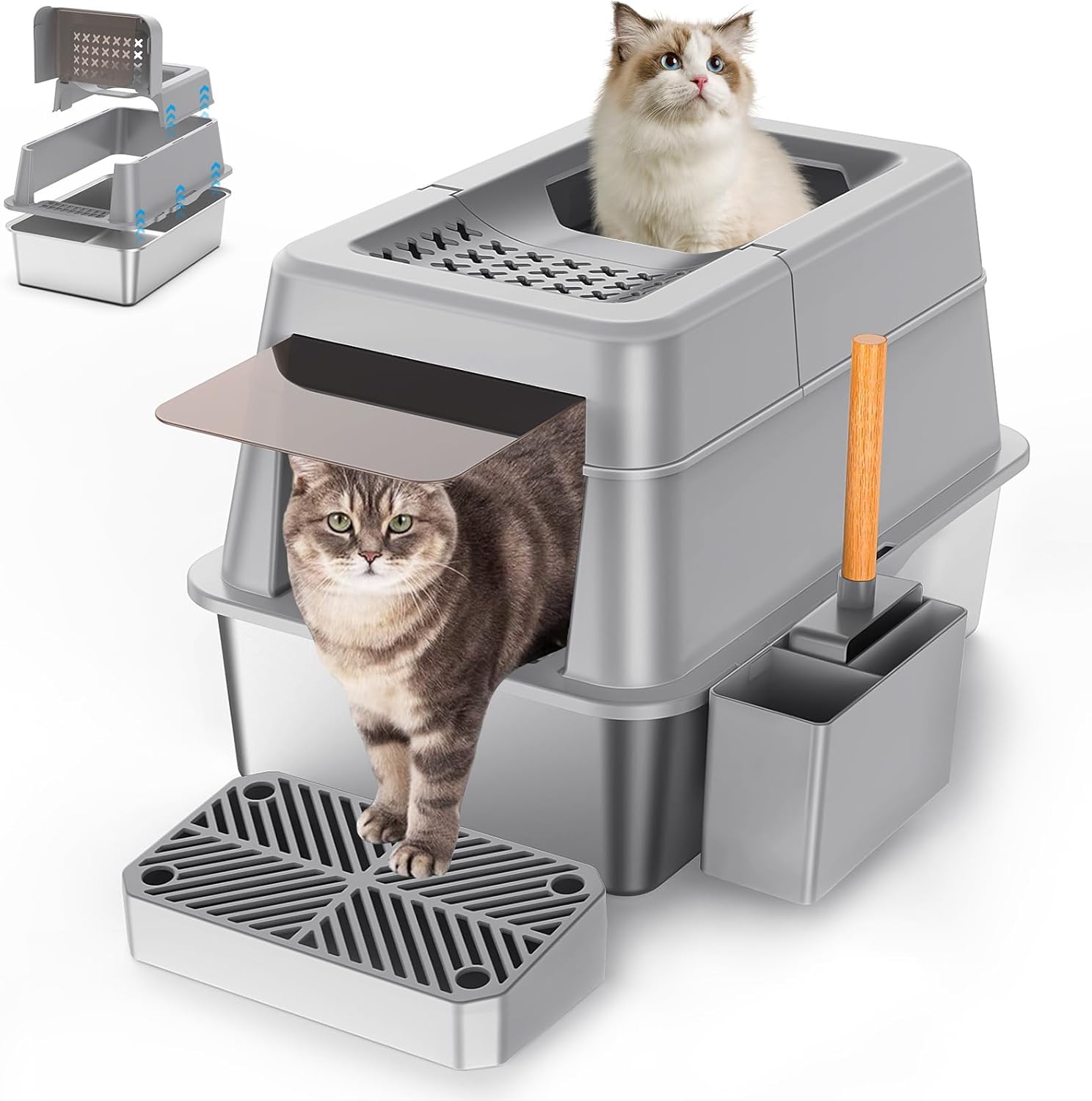 Stainless Steel Litter Box with Lid, Extra Large Enclosed Cat Litter Box Fits All Cats with Flip Cover, Top Entry Metal High Sided Cat Box, Anti-Leakage (Grey)