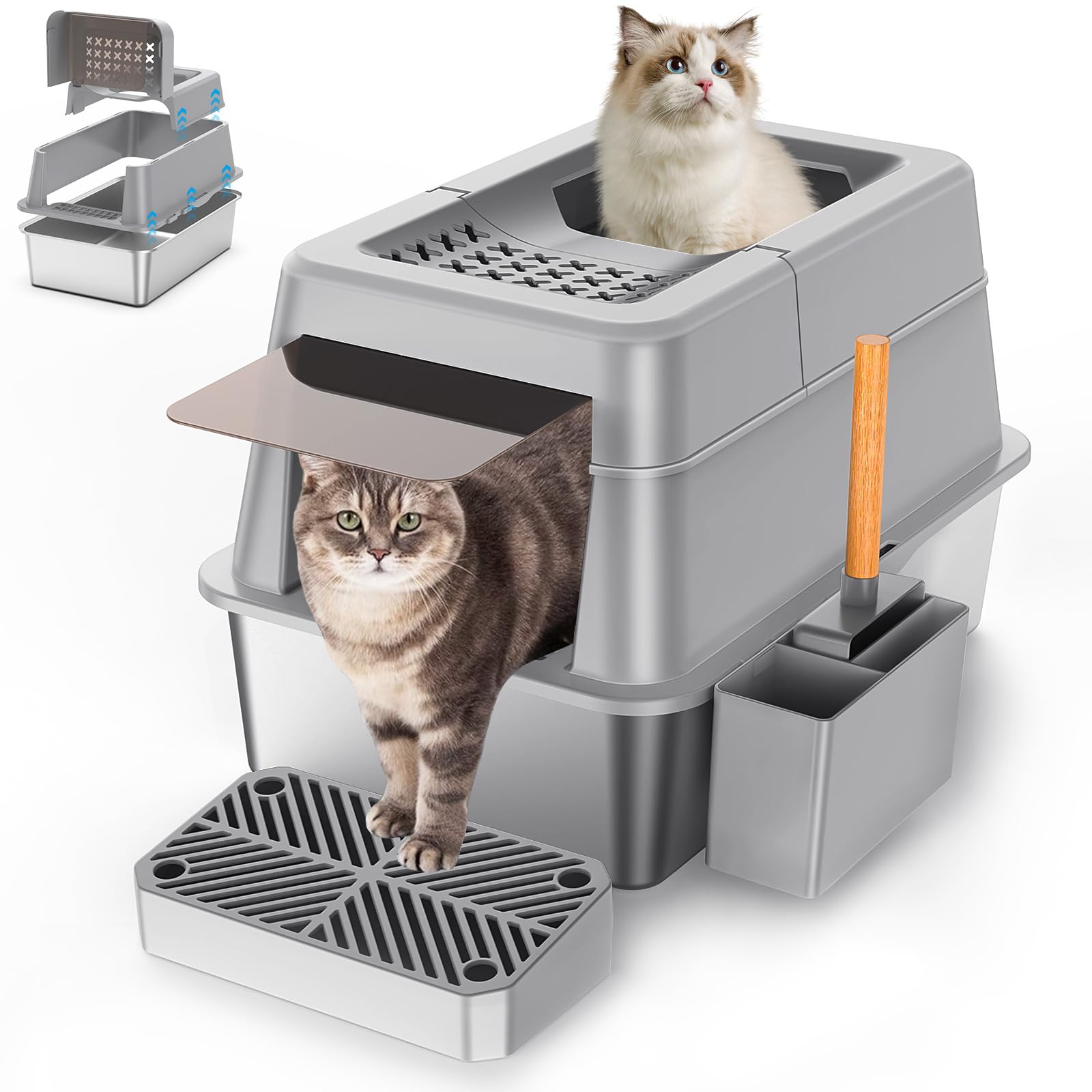 Aphyxen Stainless Steel Litter Box with Lid, XL Extra Large Enclosed Cat Litter Box Fits All Cats Modular Design with Flip Cover, Top Entry Metal High Sided Cat Box & Pedal & Scoop (Grey)