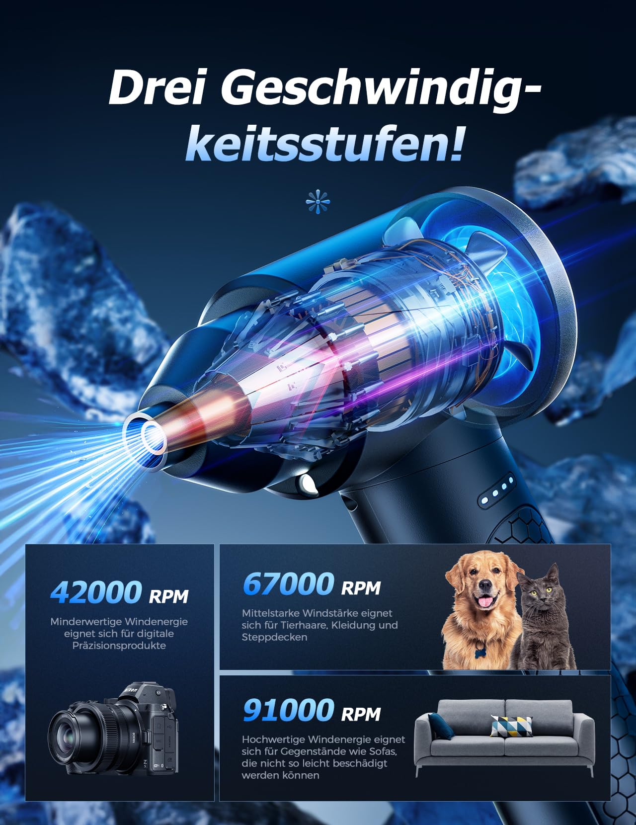 Druckluft Staubgebläse 100000 RPM 9000mAh Akku 3 Geschwindigkeiten PC Reinigungsset LED-Leuchten