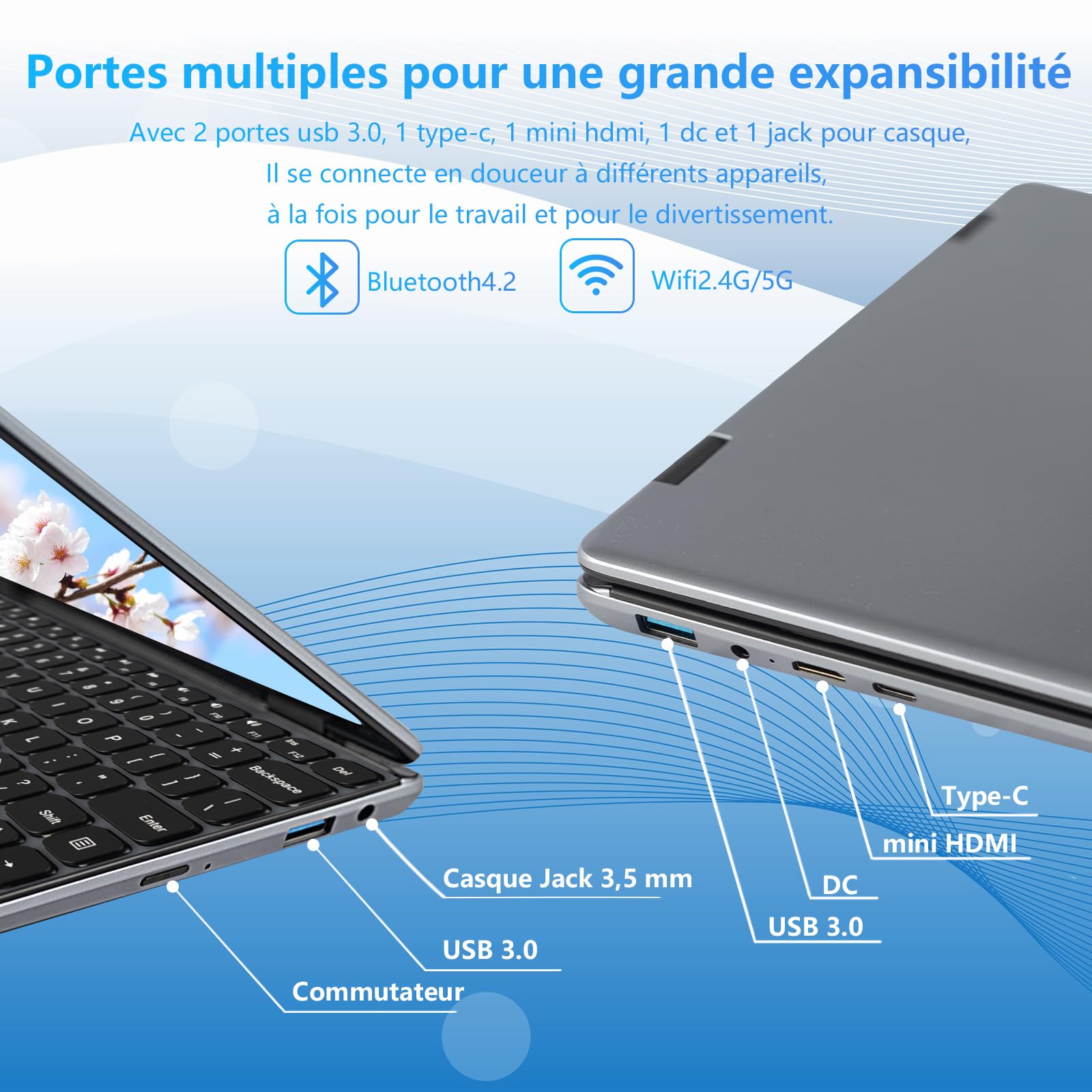 Ordinateur Portable 2-en-1 11 Pouces Tactile Celeron N100 16 Go DDR4 1920x1200 IPS Clavier Rétroéclairé Gris