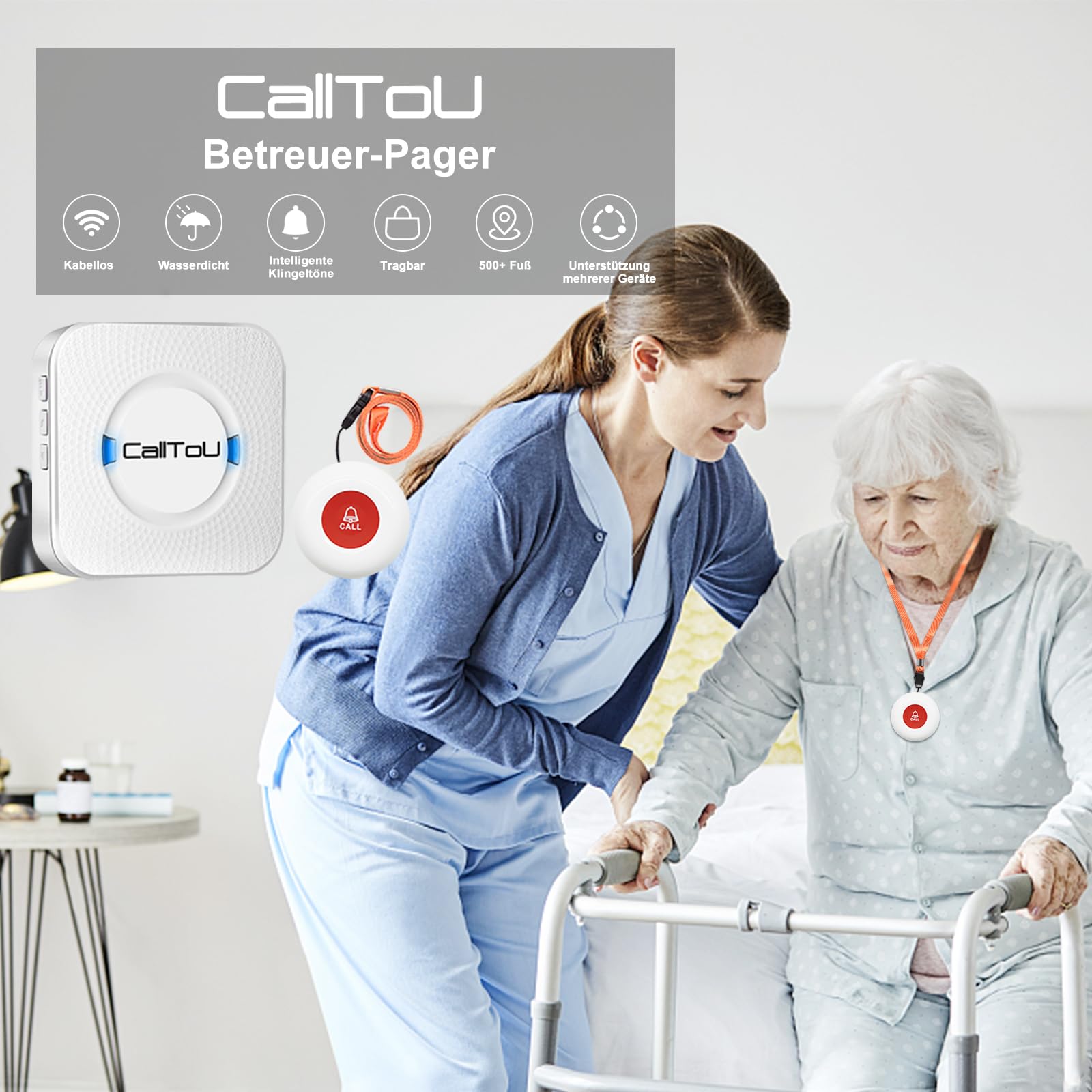 CallToU Botón de Llamada de Emergencia Botón de Llamada inalámbrico de Alarma de Enfermera más de 500 pies para el hogar/Personas Mayores/Pacientes/discapacitados (2 transmisores 2 receptores)