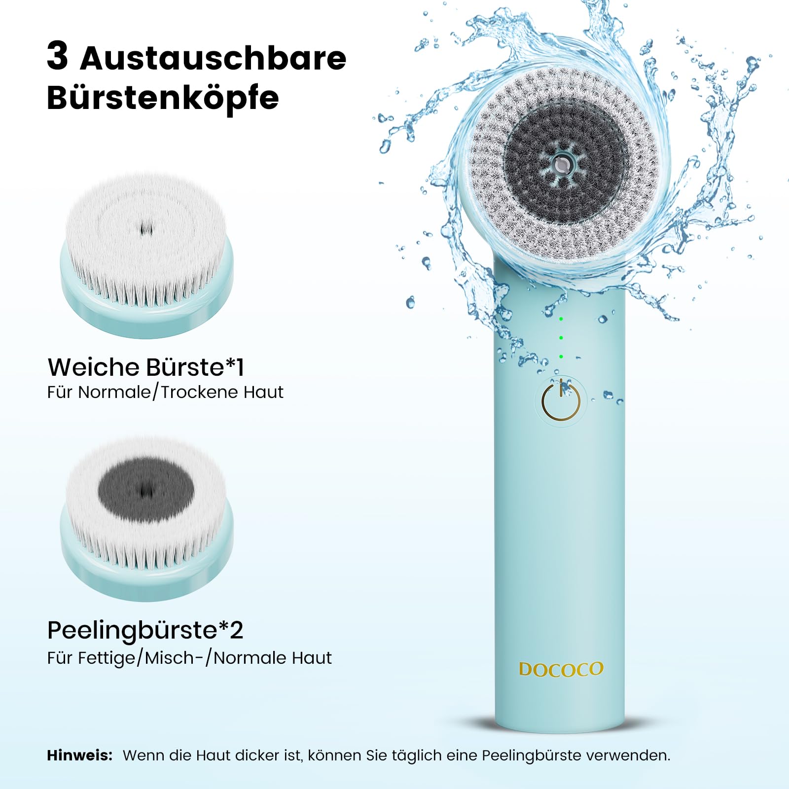 Elektrische Gesichtsbürste mit 2 Drehrichtungen, 3 IN 1 Gesichtsreinigungsbürste Wiederaufladbar mit 3 Aufsätzen & 3 Geschwindigkeiten für alle Hauttypen für Exfoliation Poren