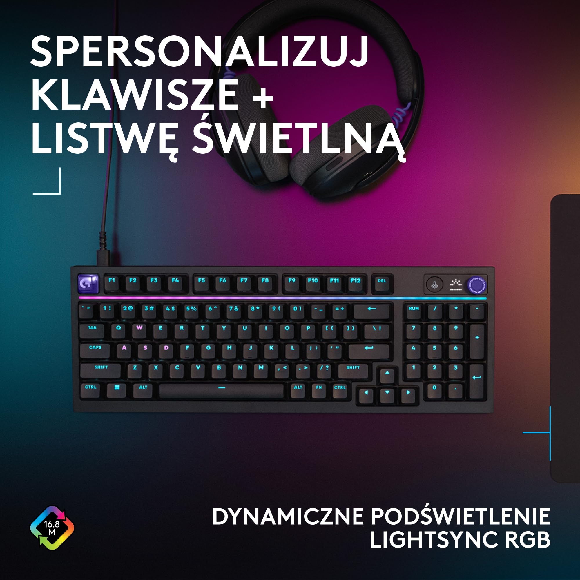 Logitech G G316 X 98, klawiatura do gier, 8 kHz,wymienne sprężynujące przełączniki,konstrukcja uszczelkowa,LED matrycowy & pokrętło,podwójne klawisze PBT,USB-C,RGB LIGHTSYNC,PC, US INT'L QWERTY-Czarny