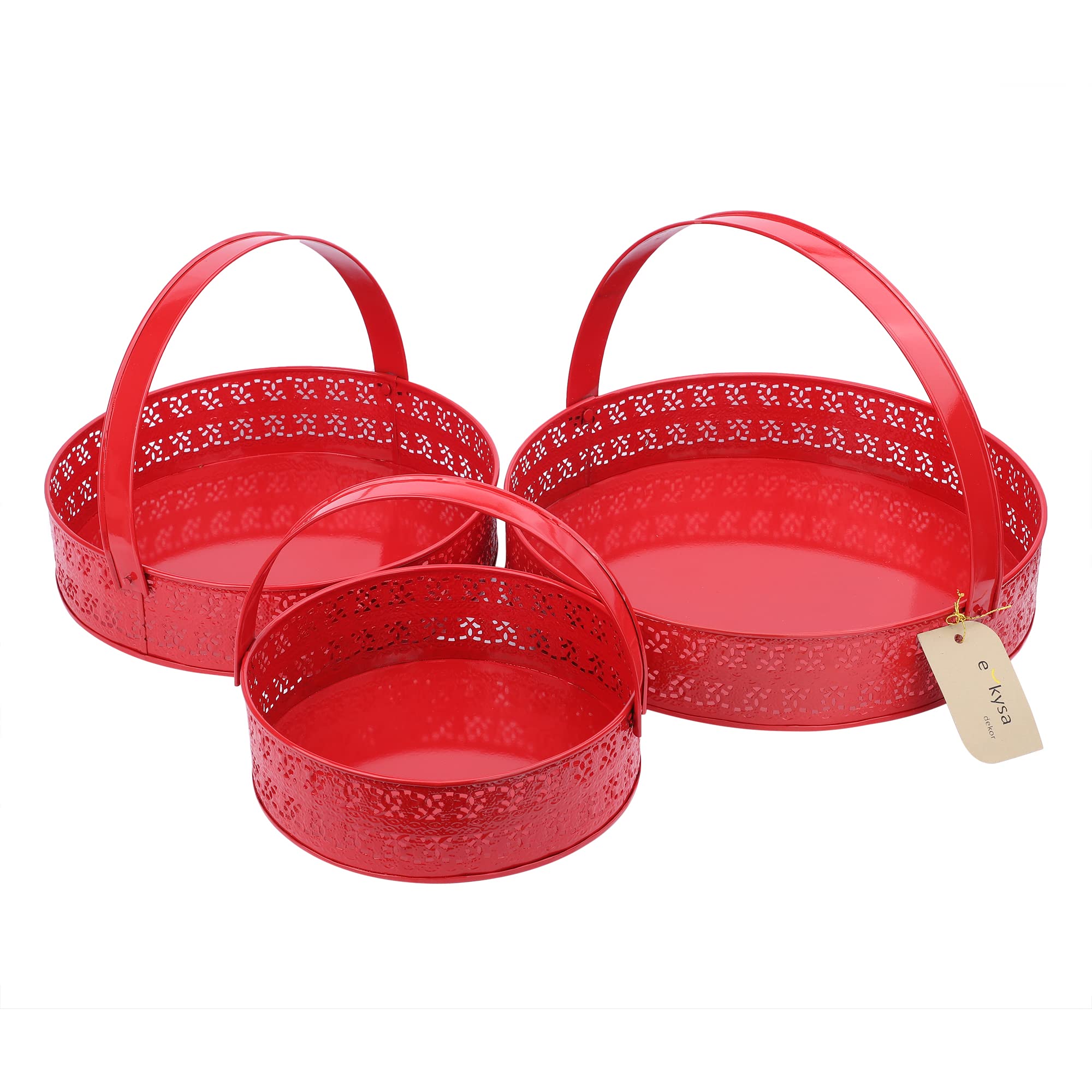 ekysa dekormetal multipurpose hamper Fancy Basket / Tray / Platter (Set of 3) with handles for Packing, Gifting, Decoration - Red (20*6, 26*6, 30*6 cm)