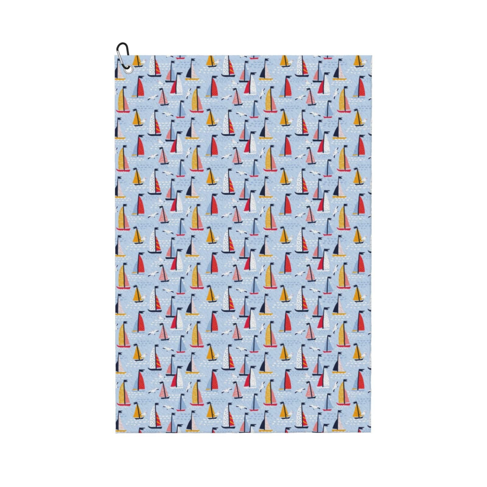 AOOEDM Sailboats and Seagulls Print Golf Towel with Carabiner Clip Absorbent Microfiber Golf Towel for Cleaning Golf Ball Club Putter Iron for Golf Bag Trolly Belt Loop 16" X 24"