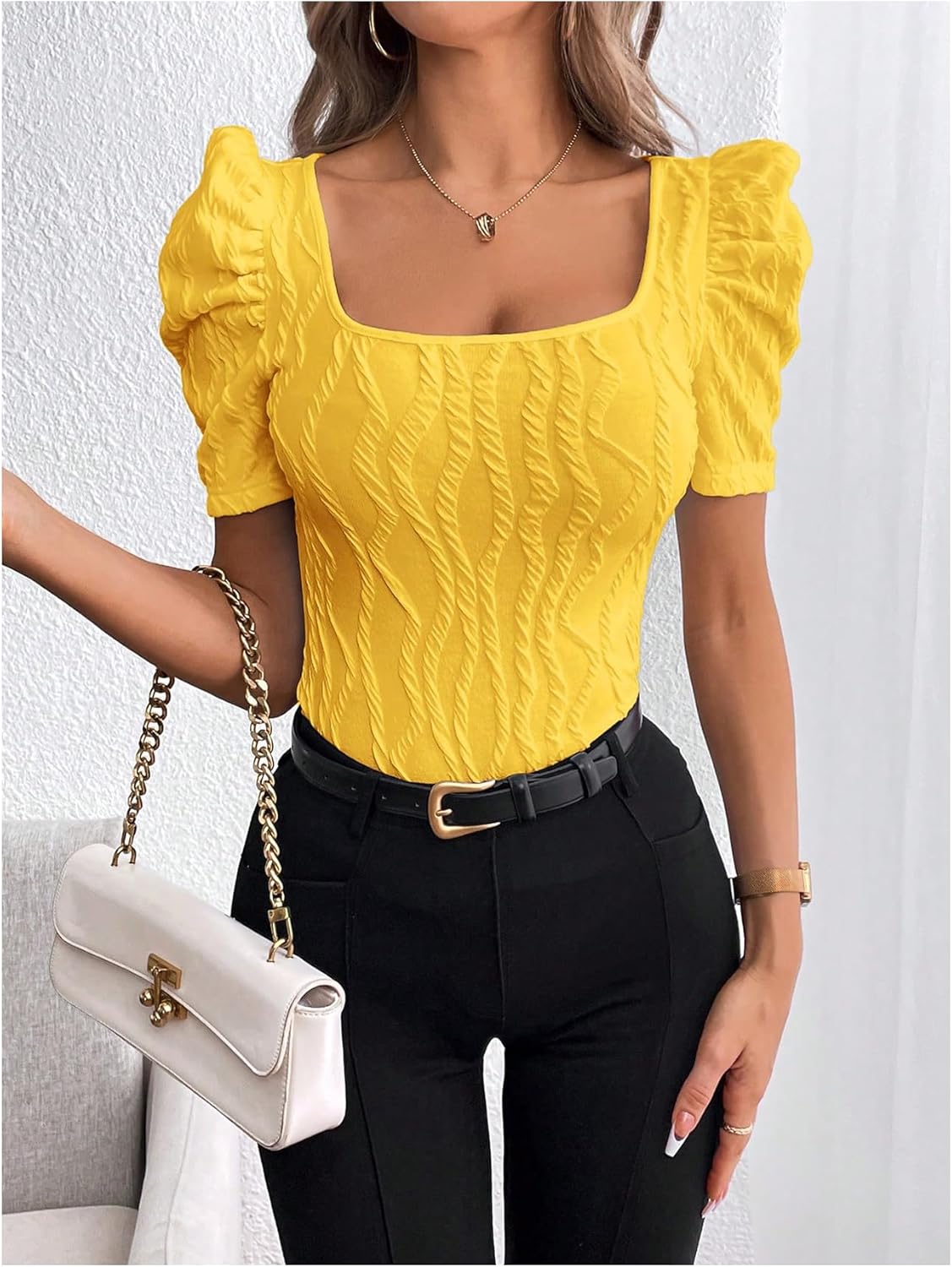 GORGLITTER Women's Puff Short Sleeve Square Neck Top Textured Knitted T Shirt Going Out Tops - Image 5