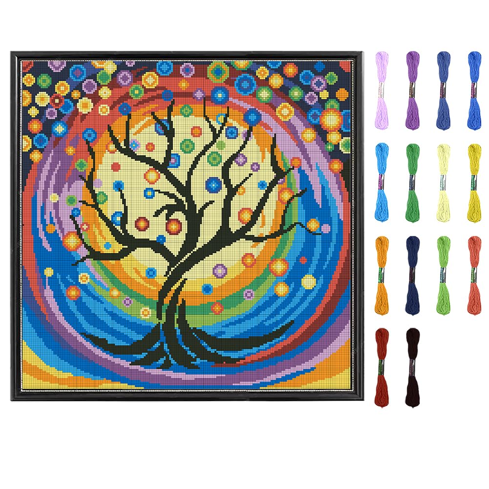 FREEBLOSS Cross Stitch Kits for Adults Tree of Life Stamped Full Range of Cross Stitching Pre Printed Cross Stitch Patterns Cross Stitch Wall Hanging Kit Embroidery Kit for Beginners 45x45cm