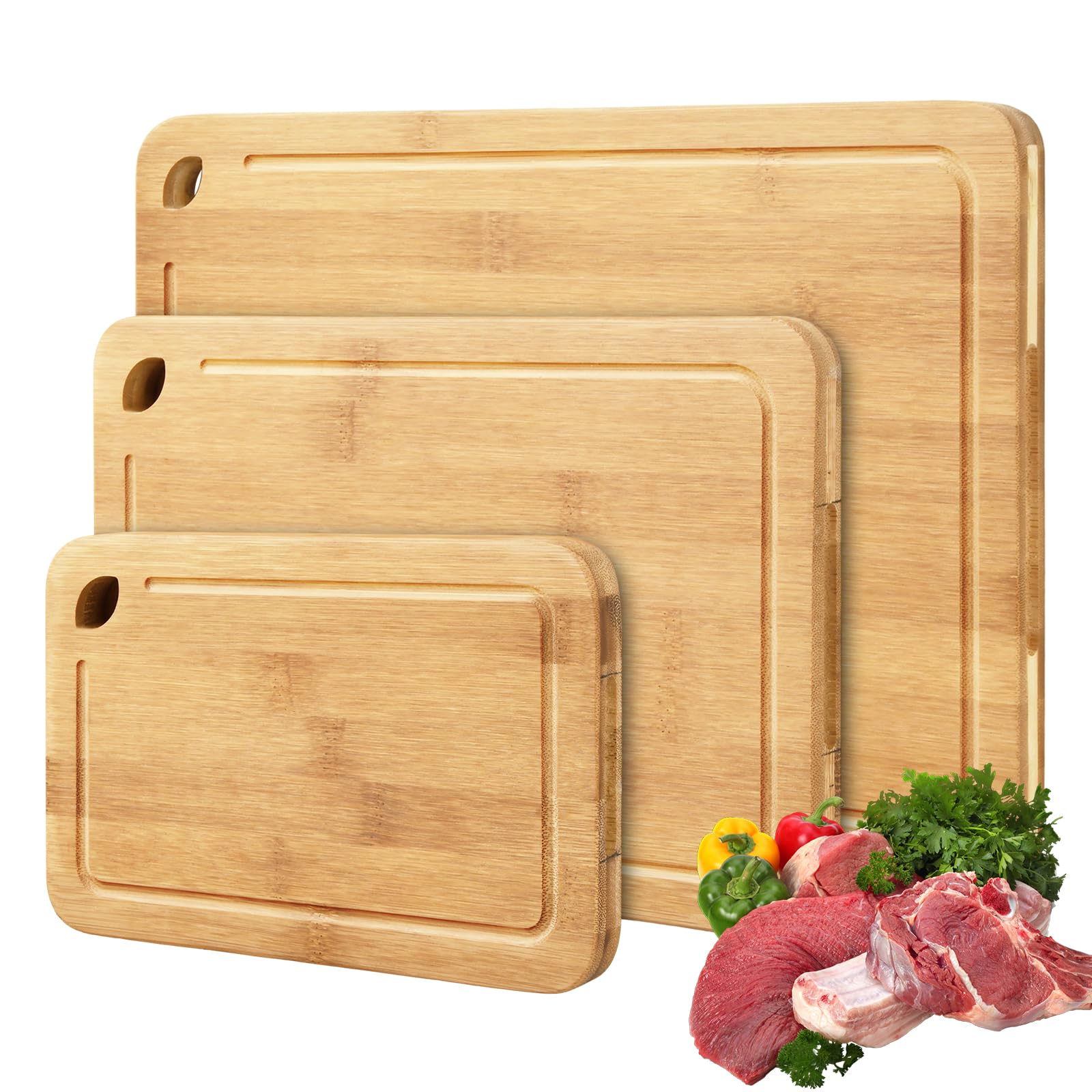 Tagliere Legno Set Taglieri Cucina in Bamboo Grande, Medio y Piccolo Tagliere da Cucina Professionale Antibatterico Taglieri Bambu Resistenti per Pane, Aperitivo, Carne e Verdure (Naturale)
