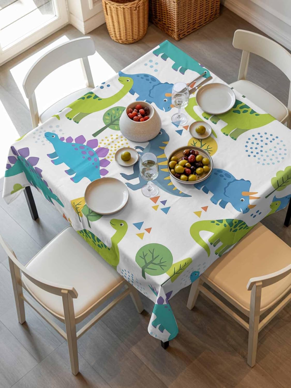 Children's Day Waterproof Table Cloth Cartoon Blue Green Dinosaurs Geometric Tree Waterproof & Wrinkle Table Cover, Washable Polyester Soft Fabric Table Cloth for Outdoor Indoor Parties