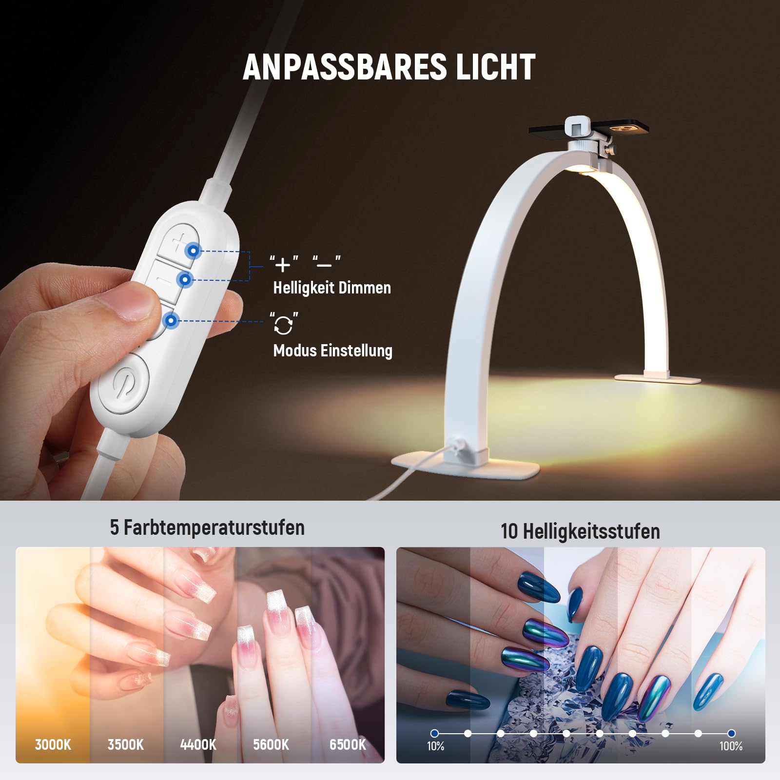NEEWER Basics 29" Halbmond Nagellampe für Tisch, 36W klappbare Nagelstudio Bogenlampe, LED Maniküre Halb Ringlicht mit Handyhalter für Makeup Beauty Tattoo Überkopf Videoaufnahmen, HM02-D