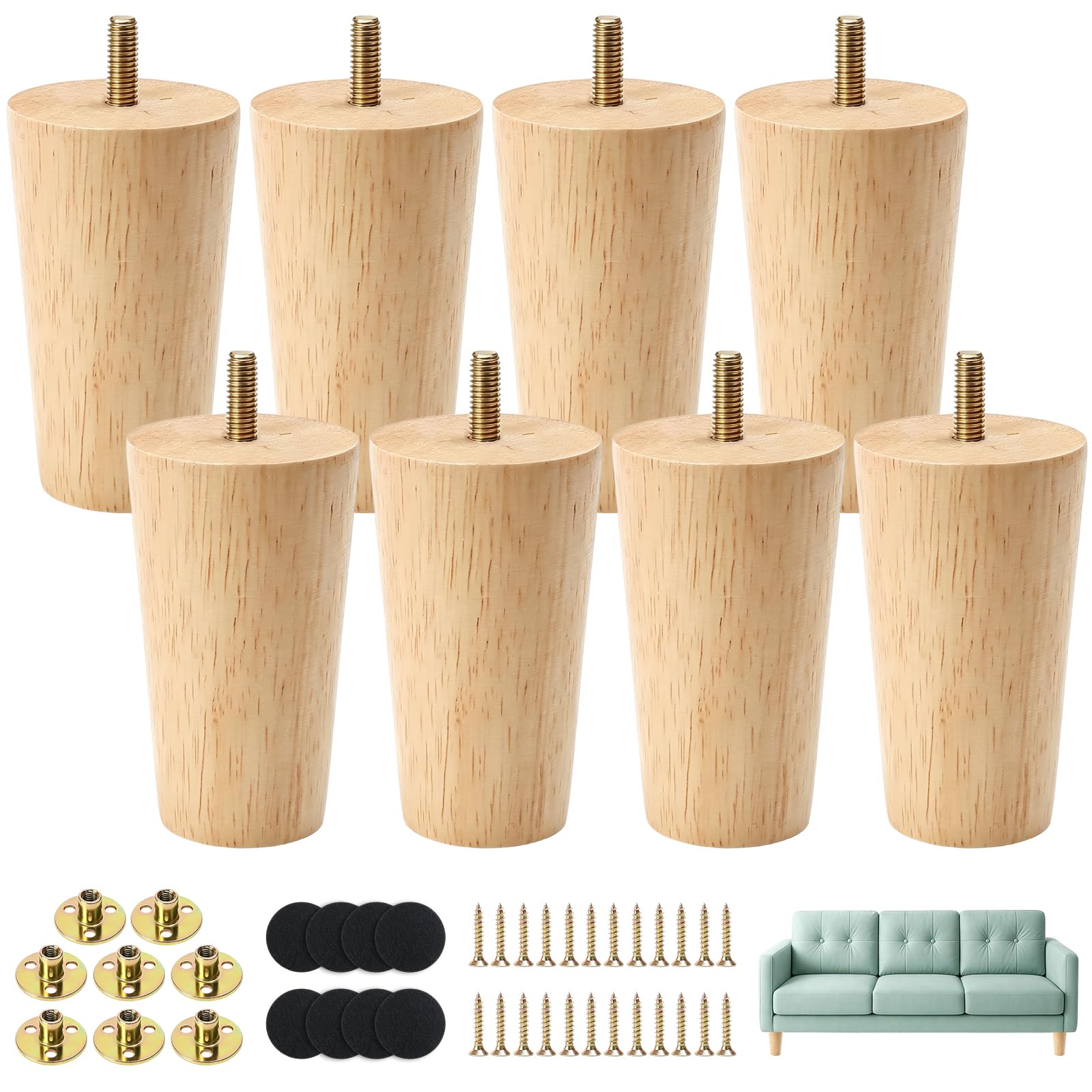 Luabue 8 Pack Wooden Sofa Legs 10cm Bed Legs 4 inch Solid Wood Ottoman Legs