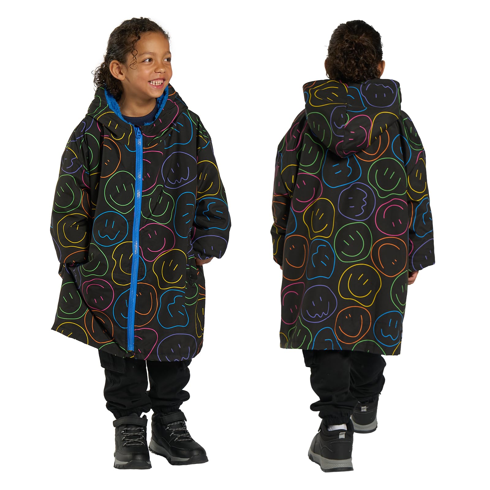 Ohs Unisex Kids Neon - Smiley Waterproof Jacket Kids Changing Robe, Oversized Raincoat Lightweight Fleece Lining Dry Robe With Hood & Pockets Breathable Boys Girls Clothing For Beach Surfing Outdoor, Neon Smiley- S/M
