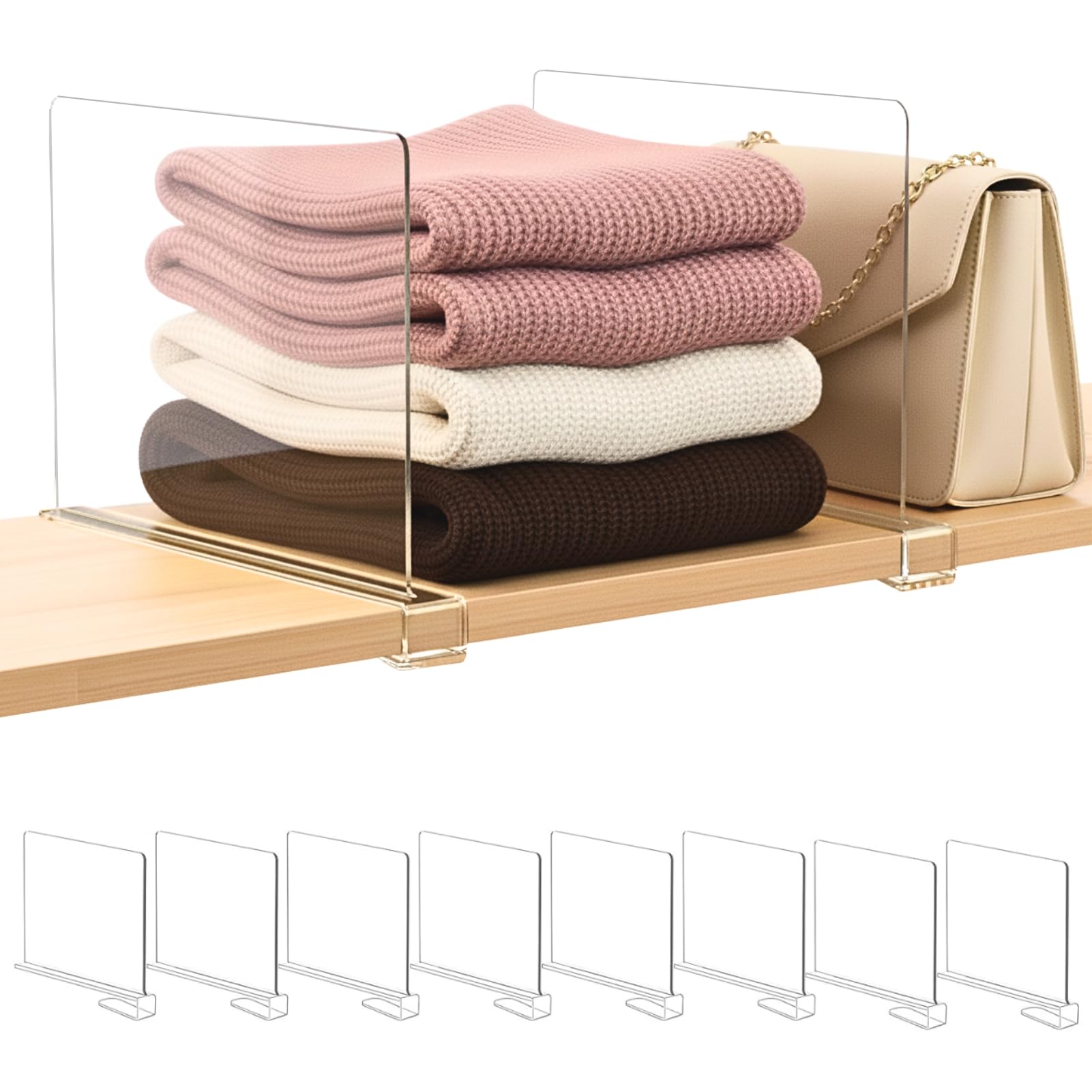 SortNStoreSortNStore Shelf Dividers Purse Organizer for Closet: 8-Pack Acrylic Bag Storage Organizer for Handbags, Clutches, Clothes, Sweater, Towel on Wood ShelvesGlobal Recycled StandardGlobal Recycled StandardGlobal Recycled Standard