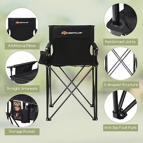 Miniatura 5 de Goplus Silla de camping plegable, silla de playa portátil para exteriores, diseño elevado con reposabrazos desmontables, bolsas de almacenamiento y