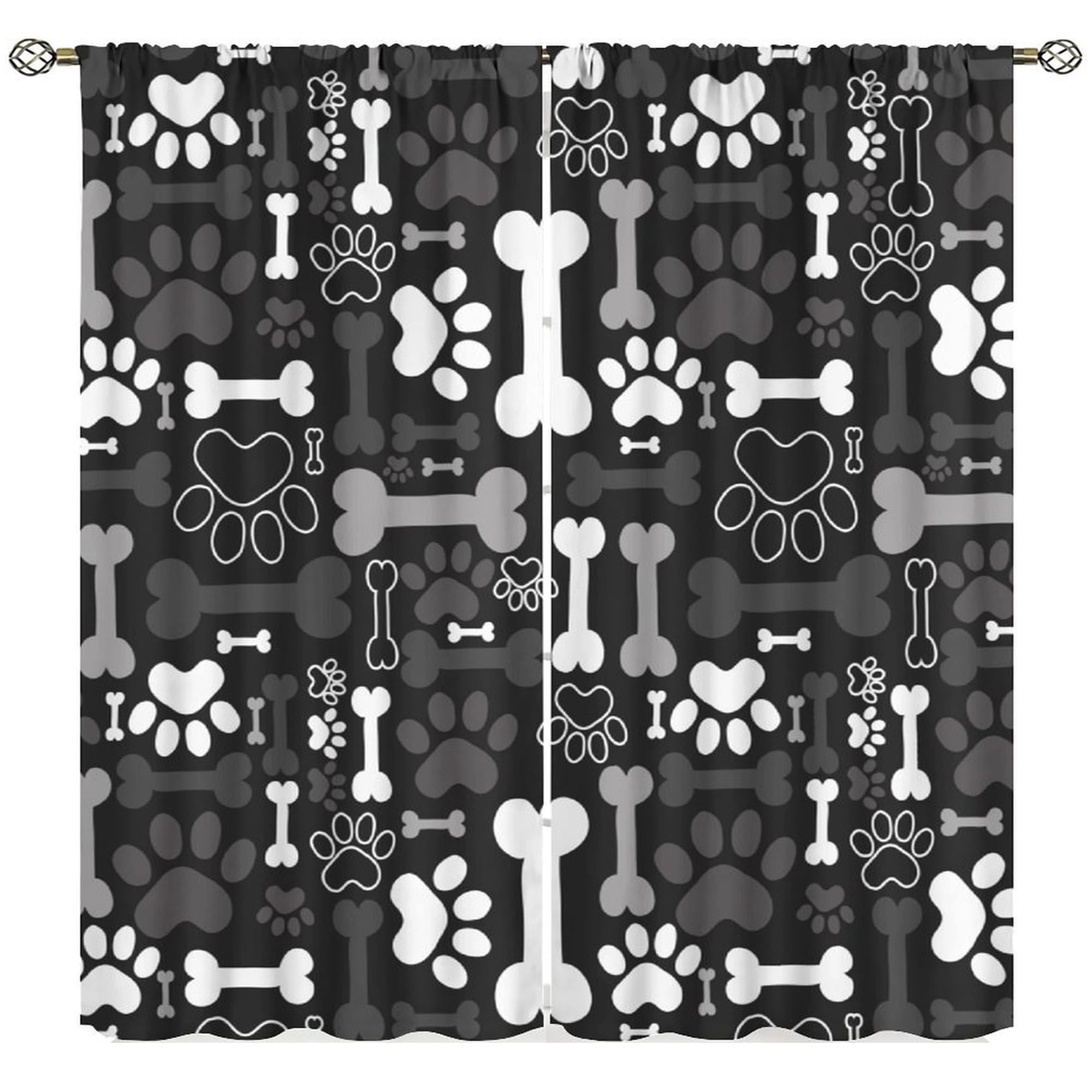Yearn Jear Dog Paw Print Curtains, Black White Cartoon Dog Paw and Bones Window Treatment Thermal Insulated Curtain for Kids Living Room Bedroom 2