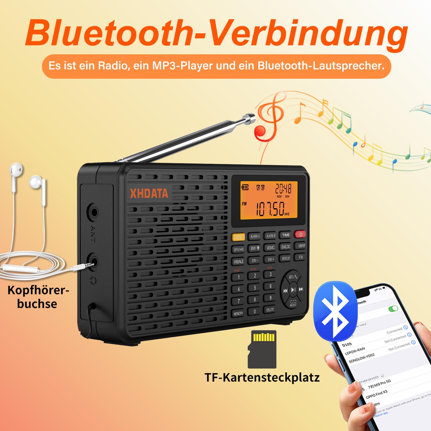 XHDATA D109WB Klein Tragbares Retro Radio FM/AM/LW TF/Bluetooth MP3-Player SOS-Alarm Küchenradio Outdoor Camping Notfall Senioren Kinder
