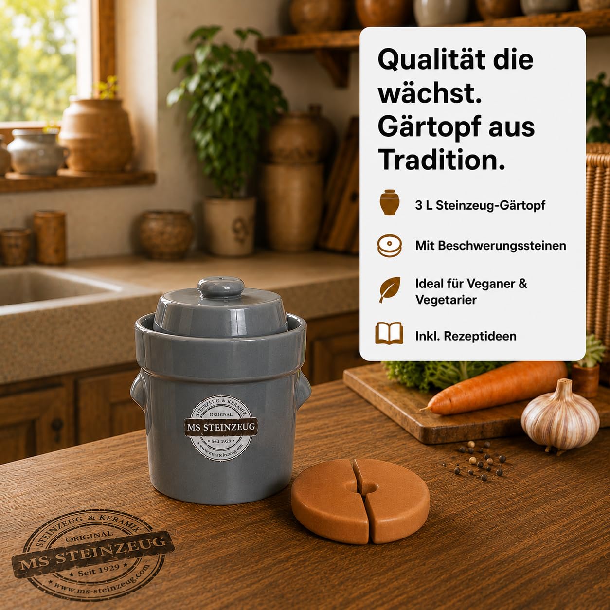 Gärtopf 3 L, Grau, Sauerkrauttopf mit Beschwerungssteinen