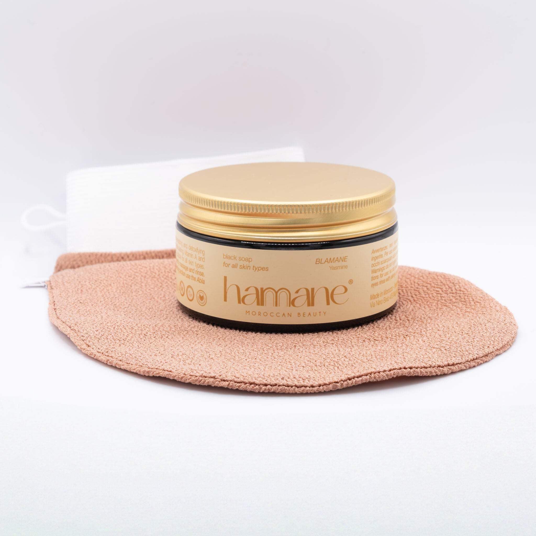 Beauty, Kit Esfoliante Hammam con Guanto Kessa Marrone e Sapone Nero Marocchino 100 g, Ideale per Scrub Corpo, Pulizia Profonda ed Esfoliazione Delicata, Profumo Gelsomino