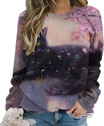 LOAIHA Womens Artistic Cat Sweatshirt Long Sleeve Crewneck Pullover Hand Painted Floral Print Relaxed Fit Top