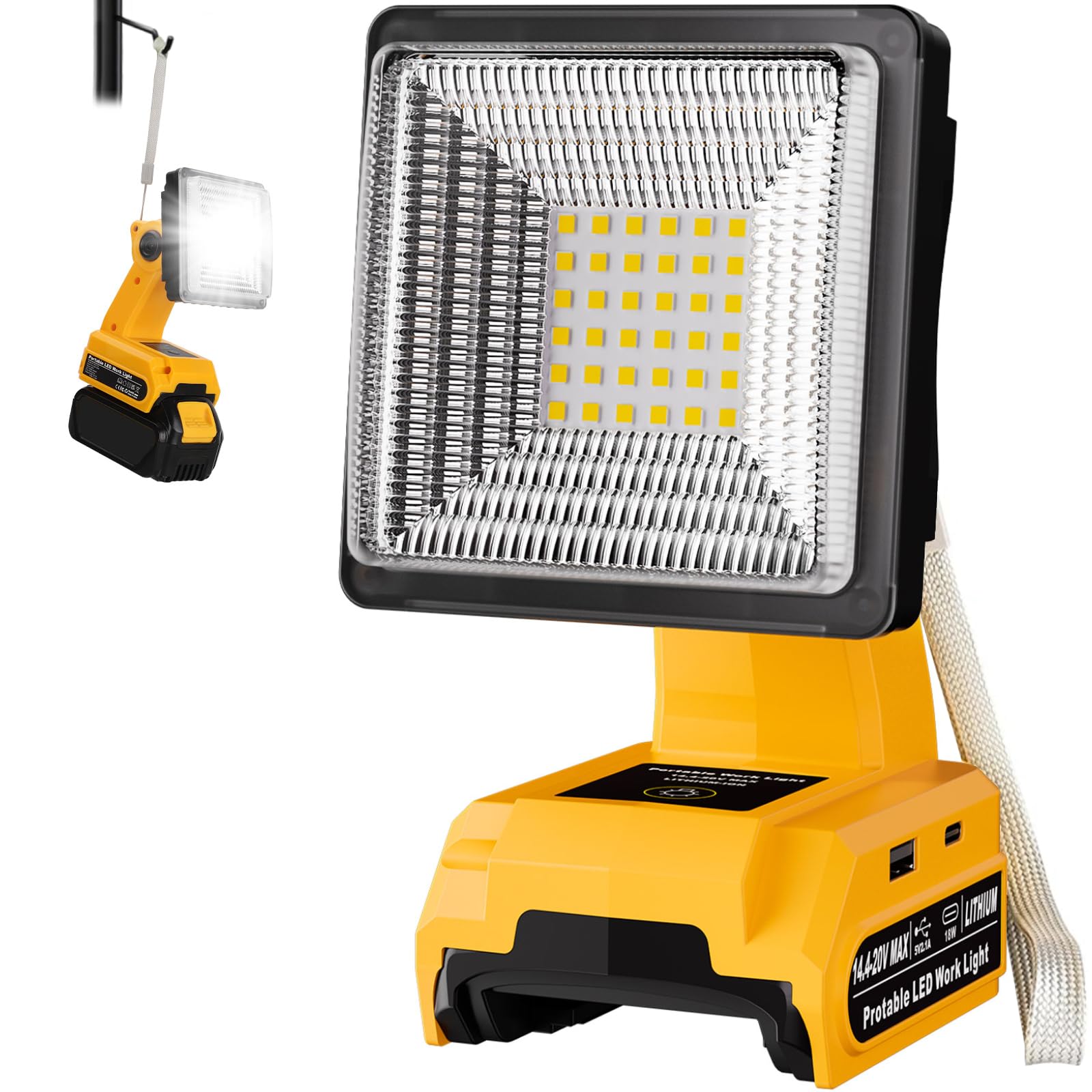 1500LM LED Work Light for Dewalt 20V Battery, 25W Portable Flood Light with USB &amp; Type-C Ports, 90° Adjustable Angle Cordless LED Light for Emergency, Workshop, Indoor and Outdoor Use (Tool Only)